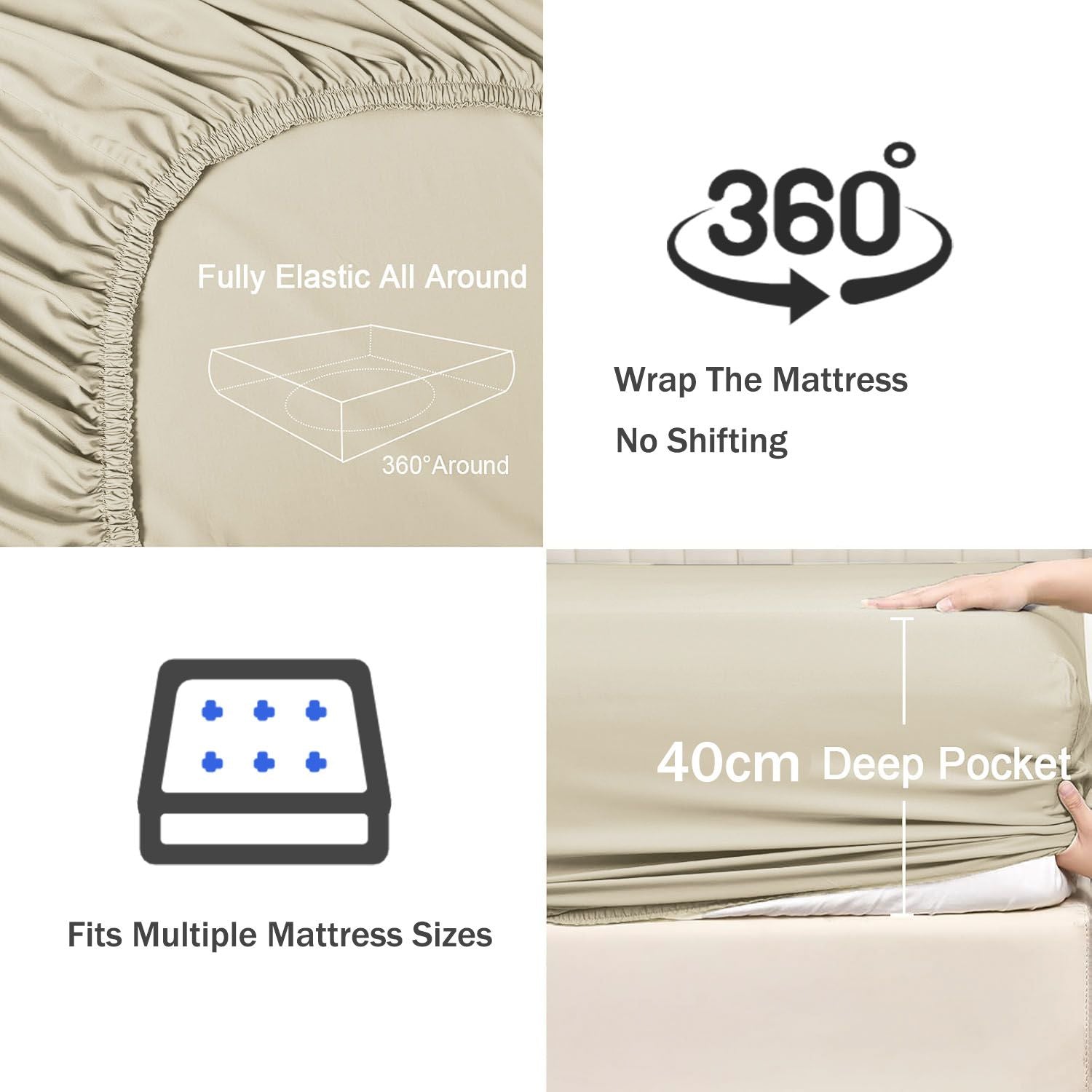 3 Piece Fitted Sheet Set- Fitted Sheet & Pillowcases -Breathable Bedding - Wrinkle, Fade, Stain Resistant- 40cm Deep Pocket Fitted Bed Sheet Set(Camel Beige,Super King)