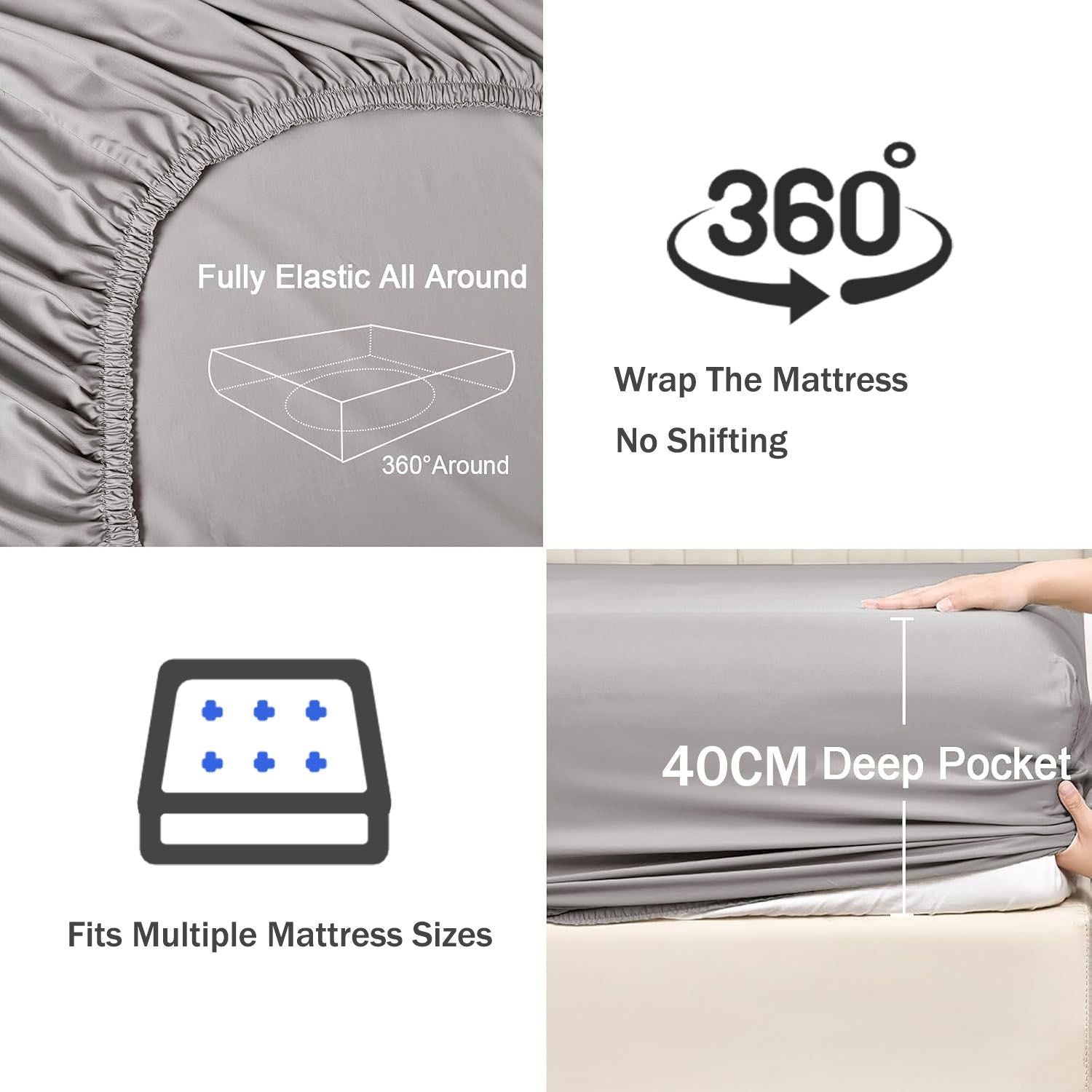 3 Piece Fitted Sheet Set- Fitted Sheet & Pillowcases -Breathable Bedding - Wrinkle, Fade, Stain Resistant- 40cm Deep Pocket Fitted Bed Sheet Set(Silver-gray,Super King)
