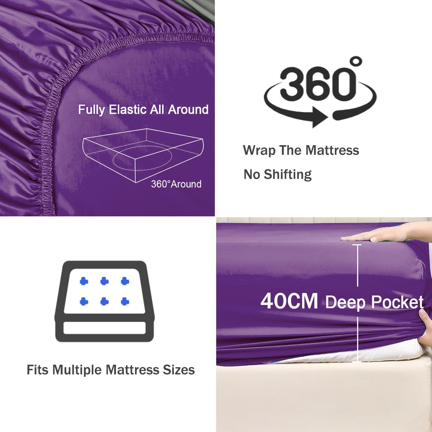 3 Piece Fitted Sheet Set- Fitted Sheet & Pillowcases -Breathable Bedding - Wrinkle, Fade, Stain Resistant- 40cm Deep Pocket Fitted Bed Sheet Set(Purple,Super King)