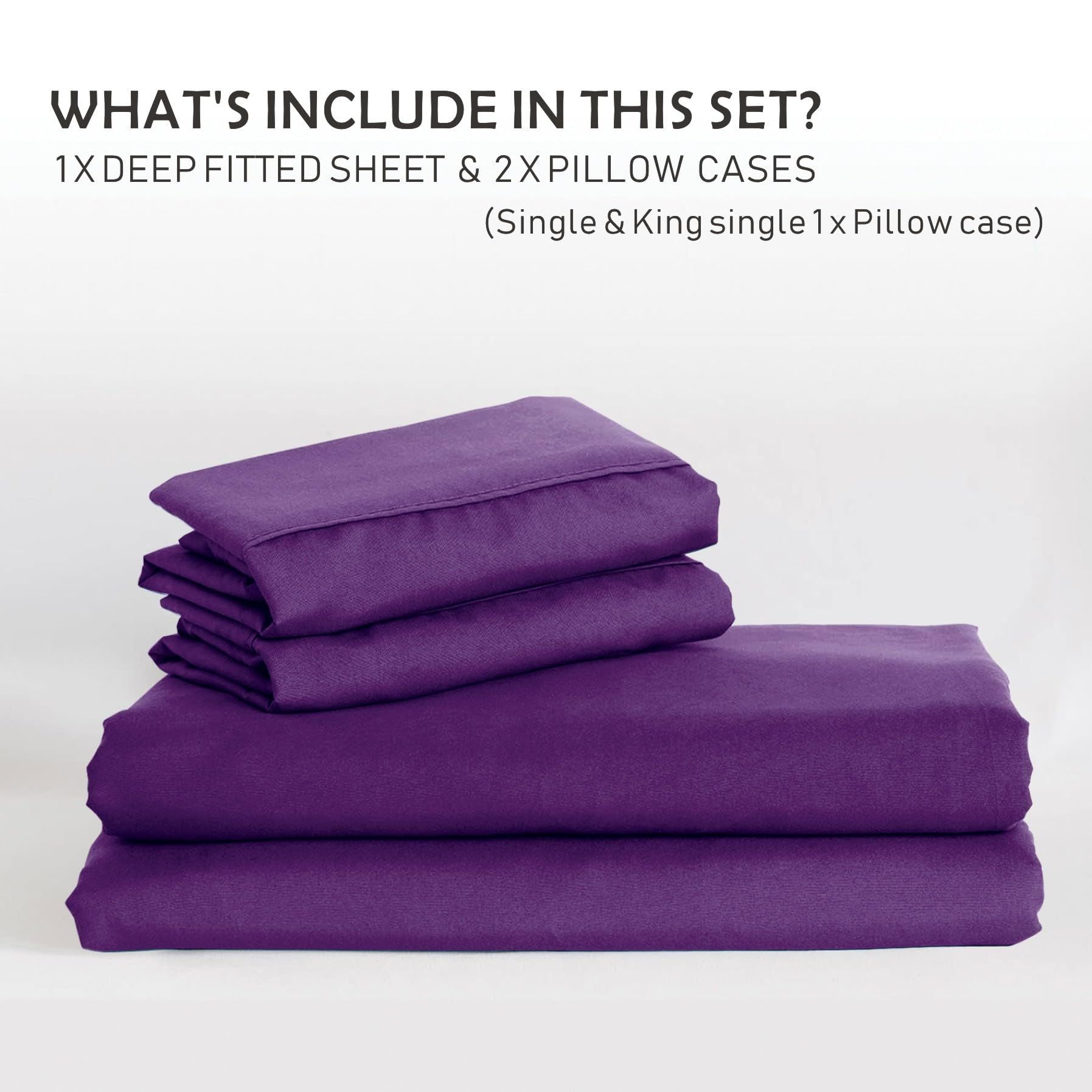 3 Piece Fitted Sheet Set- Fitted Sheet & Pillowcases -Breathable Bedding - Wrinkle, Fade, Stain Resistant- 40cm Deep Pocket Fitted Bed Sheet Set(Purple,Super King)