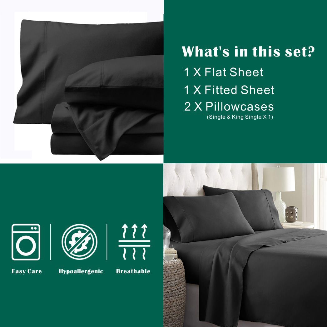 4 Piece Bed Sheet Set- Bedding Sheets & Pillowcases -Breathable Bedding - Wrinkle, Fade, Stain Resistant-Deep Pocket Flat Fitted Bed Sheet Set(Black,Super King)