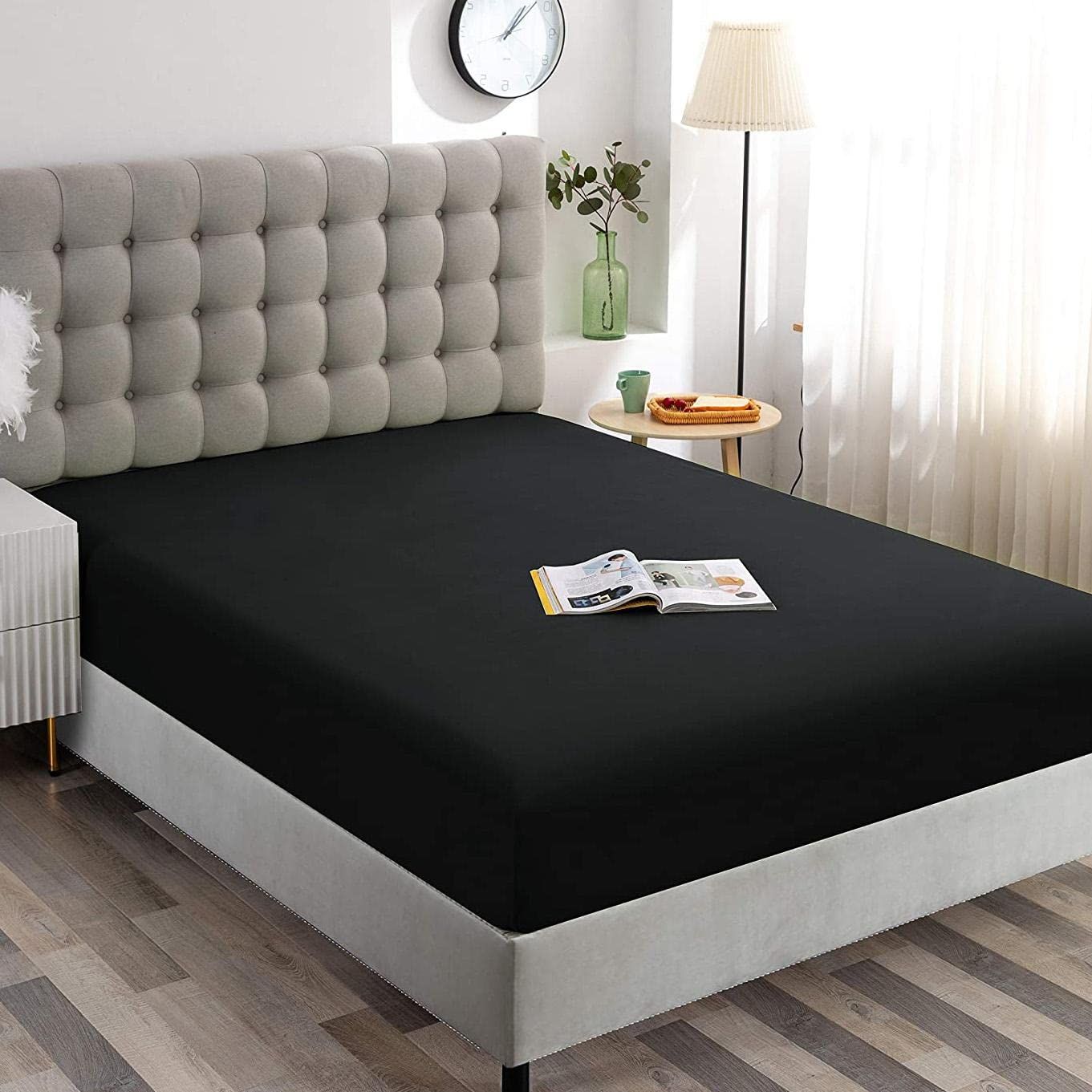 Hotel Quality Fitted Sheet - 1 Piece Fitted Sheet  -Breathable Bedding - Wrinkle, Fade, Stain Resistant- 16inch/40cm Deep Pocket Fitted Bed Sheet-Wrinkle and Fade Resistant,(Black,Super King)