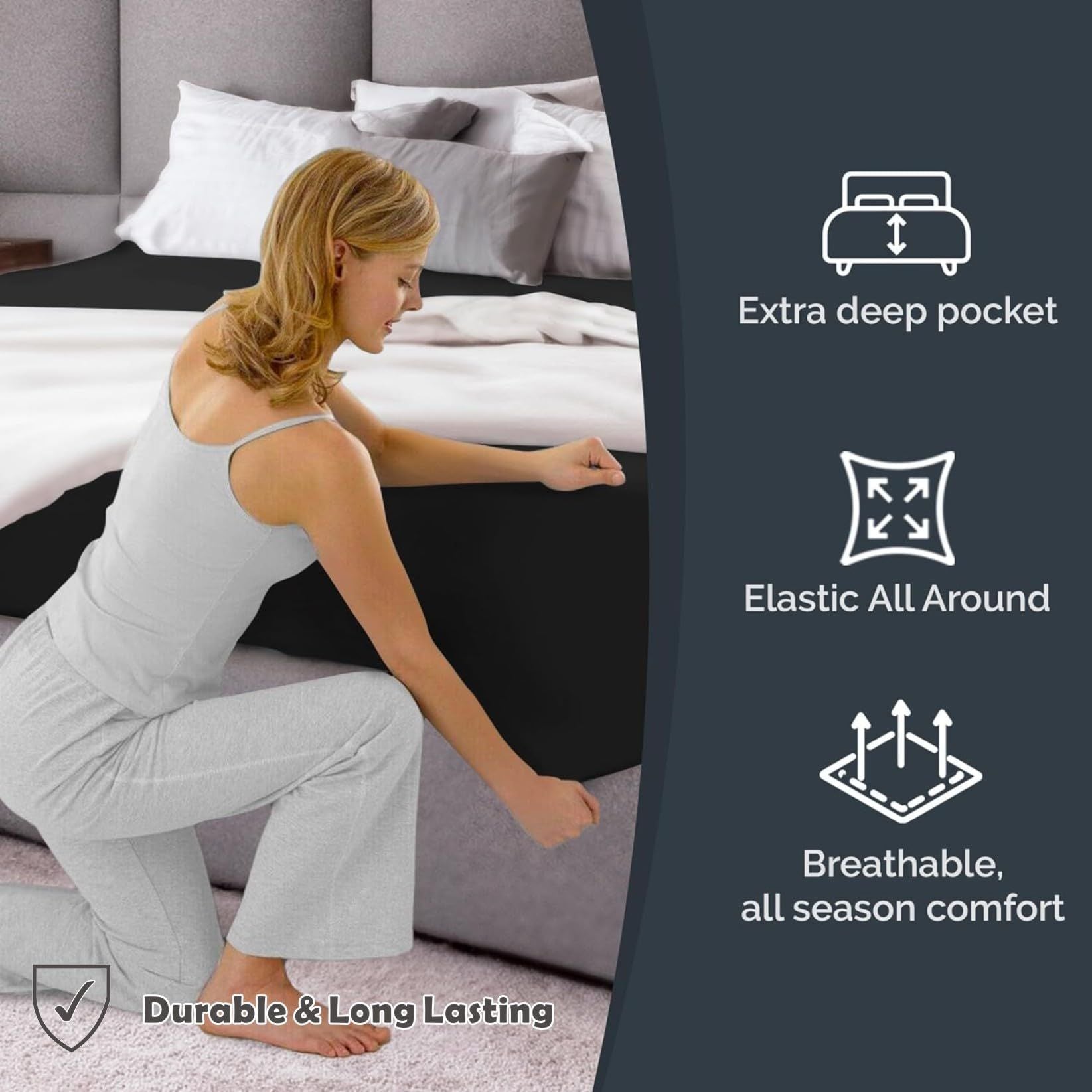 Hotel Quality Fitted Sheet - 1 Piece Fitted Sheet  -Breathable Bedding - Wrinkle, Fade, Stain Resistant- 16inch/40cm Deep Pocket Fitted Bed Sheet-Wrinkle and Fade Resistant,(Black,Super King)