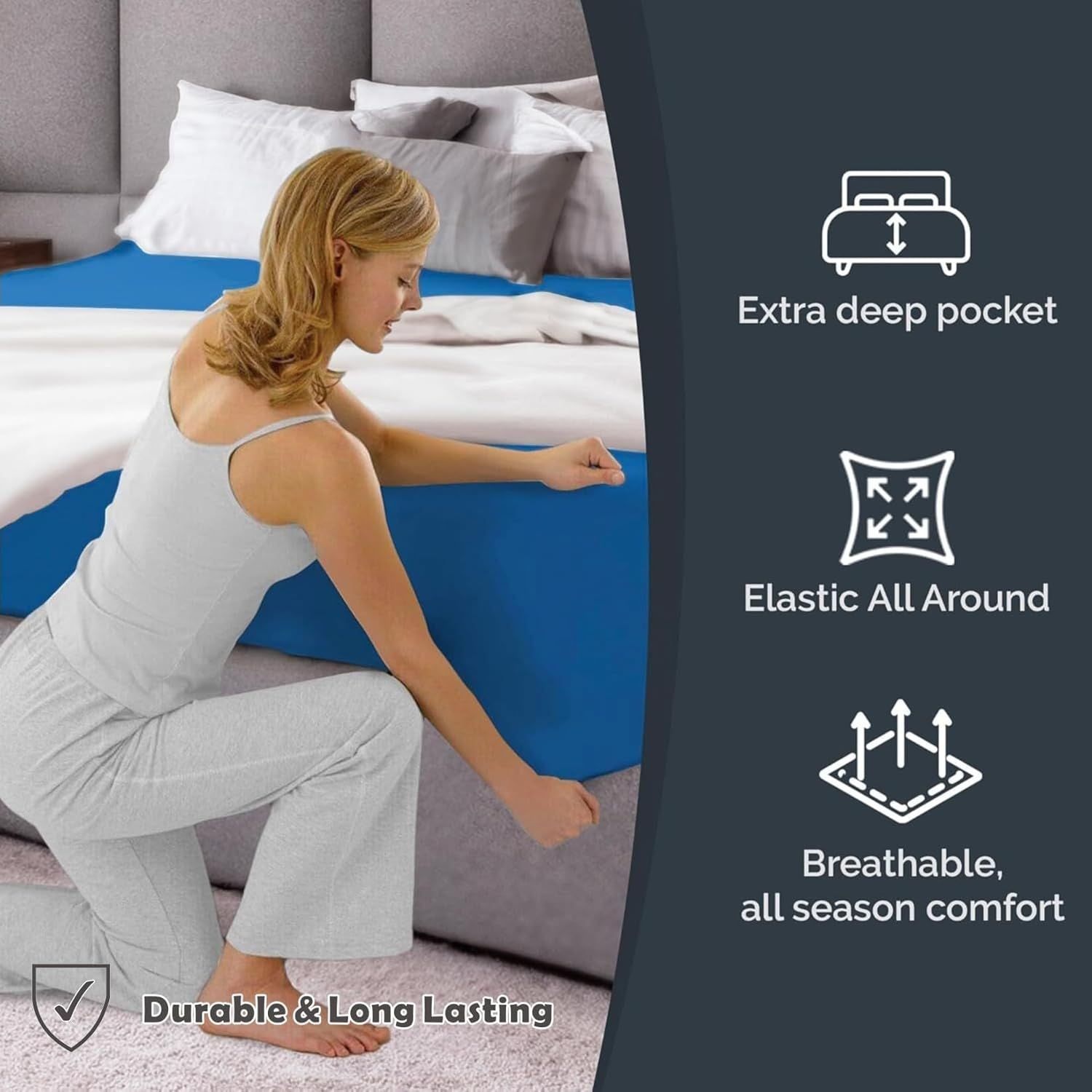 Hotel Quality Fitted Sheet - 1 Piece Fitted Sheet  -Breathable Bedding - Wrinkle, Fade, Stain Resistant- 16inch/40cm Deep Pocket Fitted Bed Sheet-Wrinkle and Fade Resistant,(Ocean,Super King)