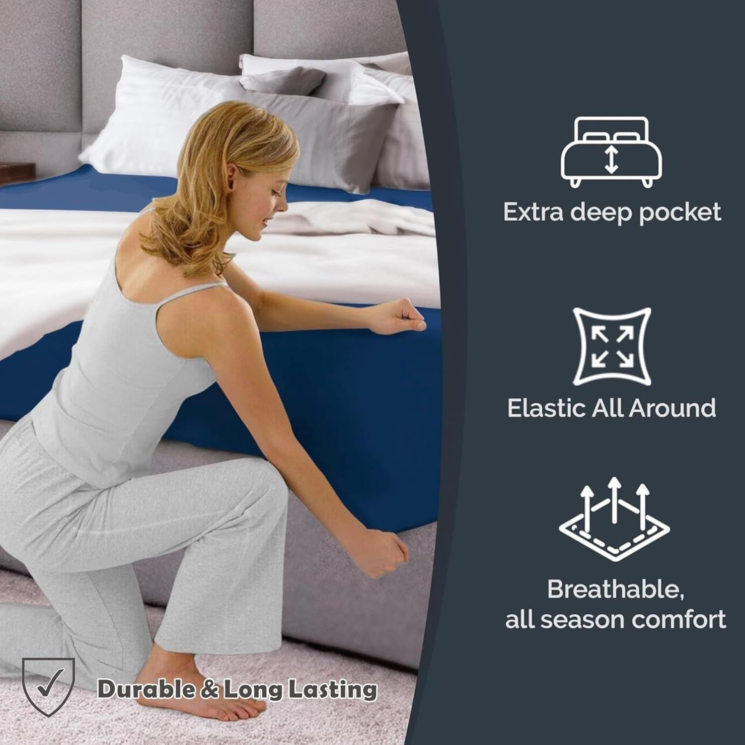 Hotel Quality Fitted Sheet - 1 Piece Fitted Sheet  -Breathable Bedding - Wrinkle, Fade, Stain Resistant- 16inch/40cm Deep Pocket Fitted Bed Sheet-Wrinkle and Fade Resistant,(Navy,Super King)