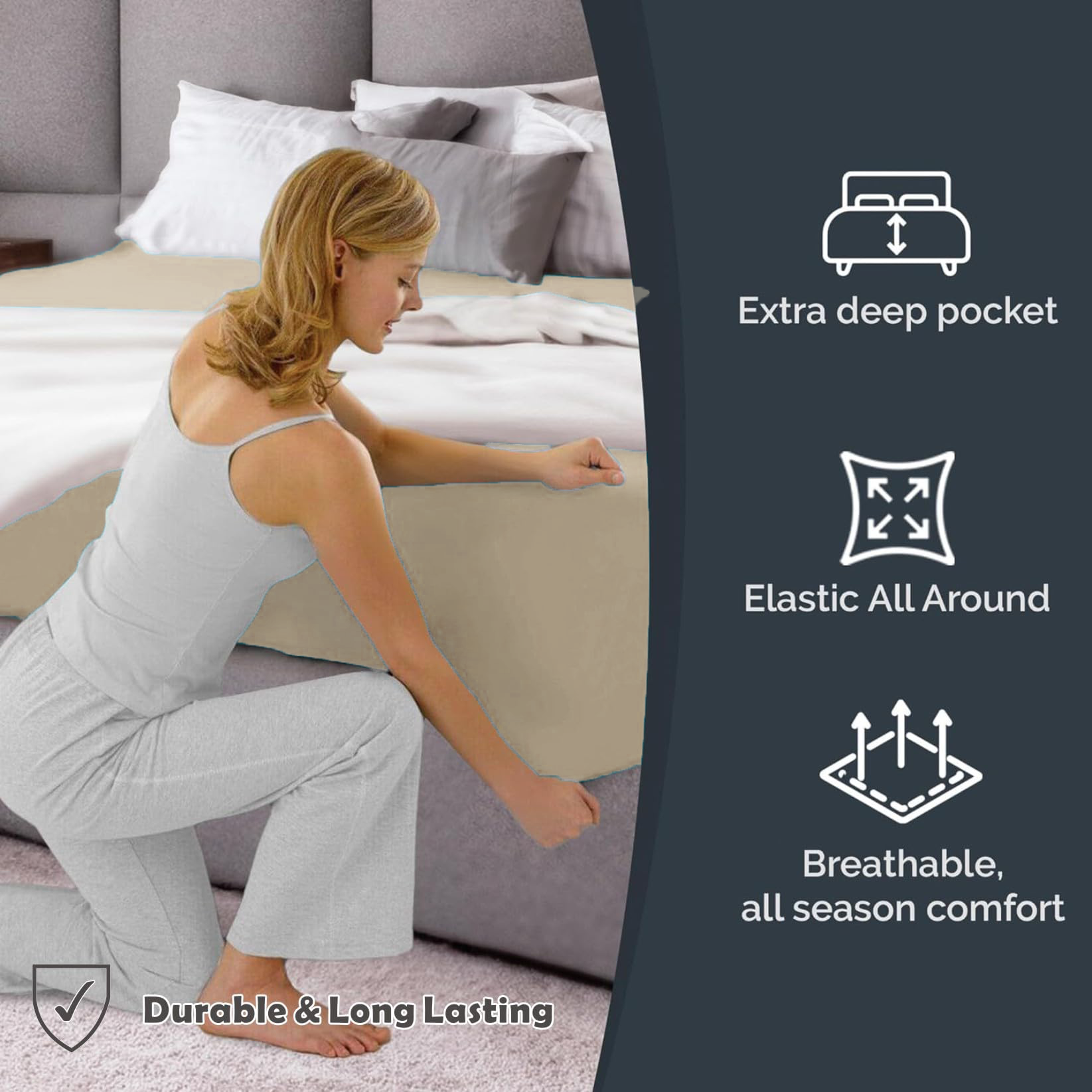 Hotel Quality Fitted Sheet - 1 Piece Fitted Sheet  -Breathable Bedding - Wrinkle, Fade, Stain Resistant- 16inch/40cm Deep Pocket Fitted Bed Sheet-Wrinkle and Fade Resistant,(Cream White,Super King)