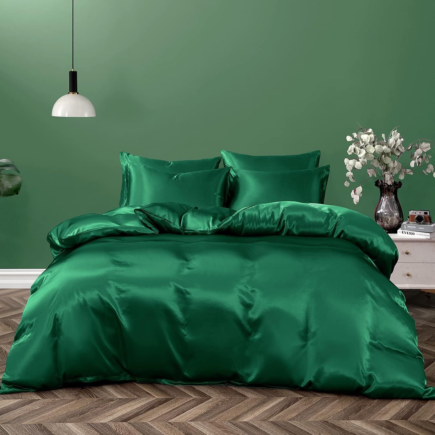 Satin Quilt cover Set Hotel 3 Pieces Quilt cover with Pillowcase, Art Silk Bedding Set-Luxury Soft Silky pillowcase for Hair and Skin, Similar to Silk Duvet/Donna Cover Set- 3 Pieces(Double,Green)