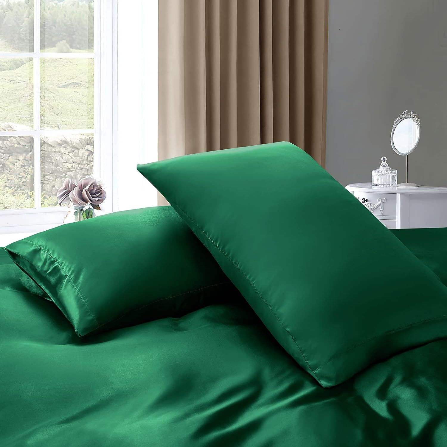 Satin Quilt cover Set Hotel 3 Pieces Quilt cover with Pillowcase, Art Silk Bedding Set-Luxury Soft Silky pillowcase for Hair and Skin, Similar to Silk Duvet/Donna Cover Set- 3 Pieces(Double,Green)