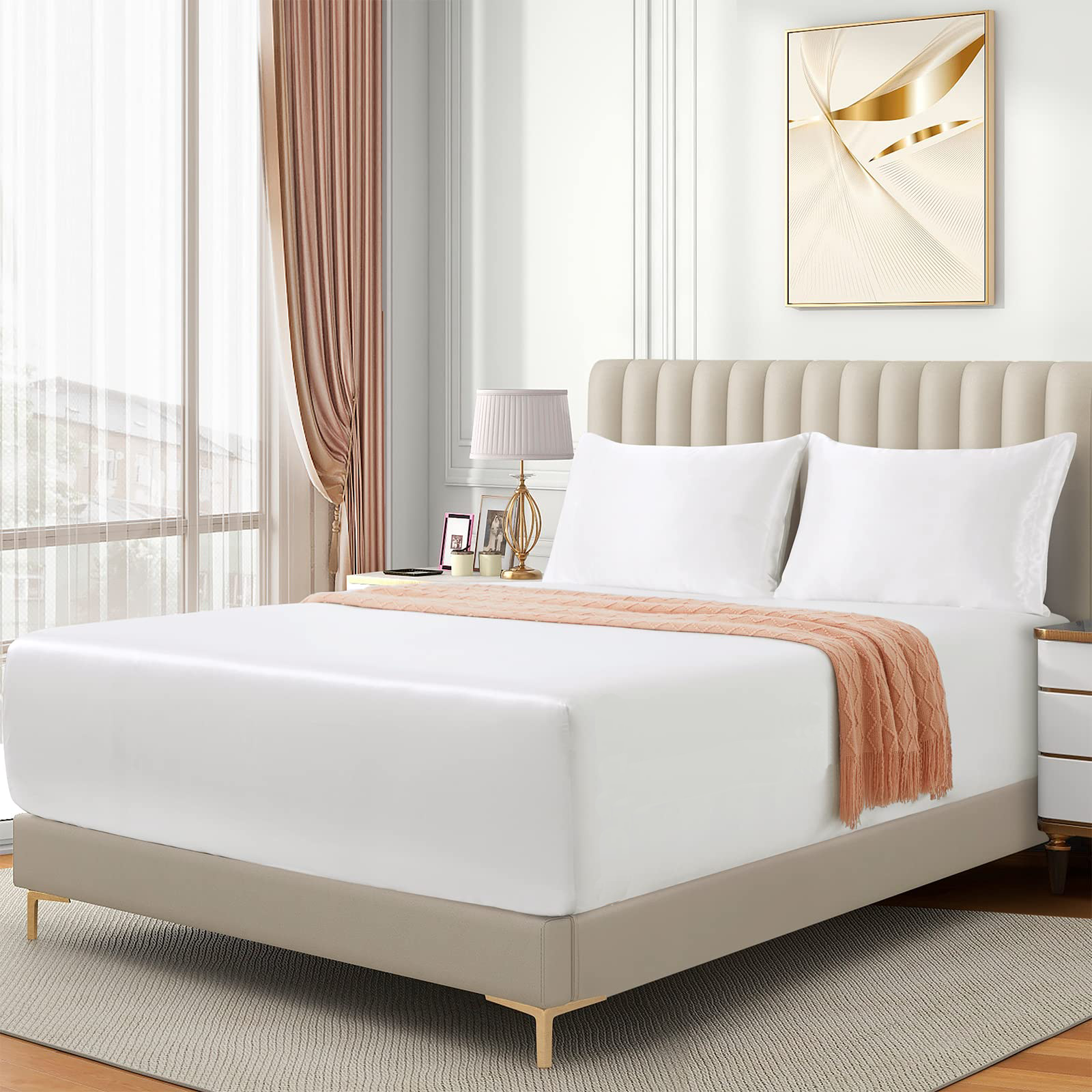 Satin Fitted Sheet Set Hotel 3 Pieces Fitted Sheet with Pillowcase, Art Silk Bedding Set-Luxury Soft Silky Sheets for Hair and Skin, Similar to Silk Fitted Sheets Set 3 Pieces(Double,White)