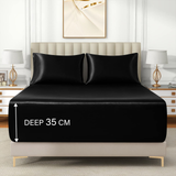 Satin Fitted Sheet Set Hotel 3 Pieces Fitted Sheet with Pillowcase, Art Silk Bedding Set-Luxury Soft Silky Sheets for Hair and Skin, Similar to Silk Fitted Sheets Set 3 Pieces(Double,Black)