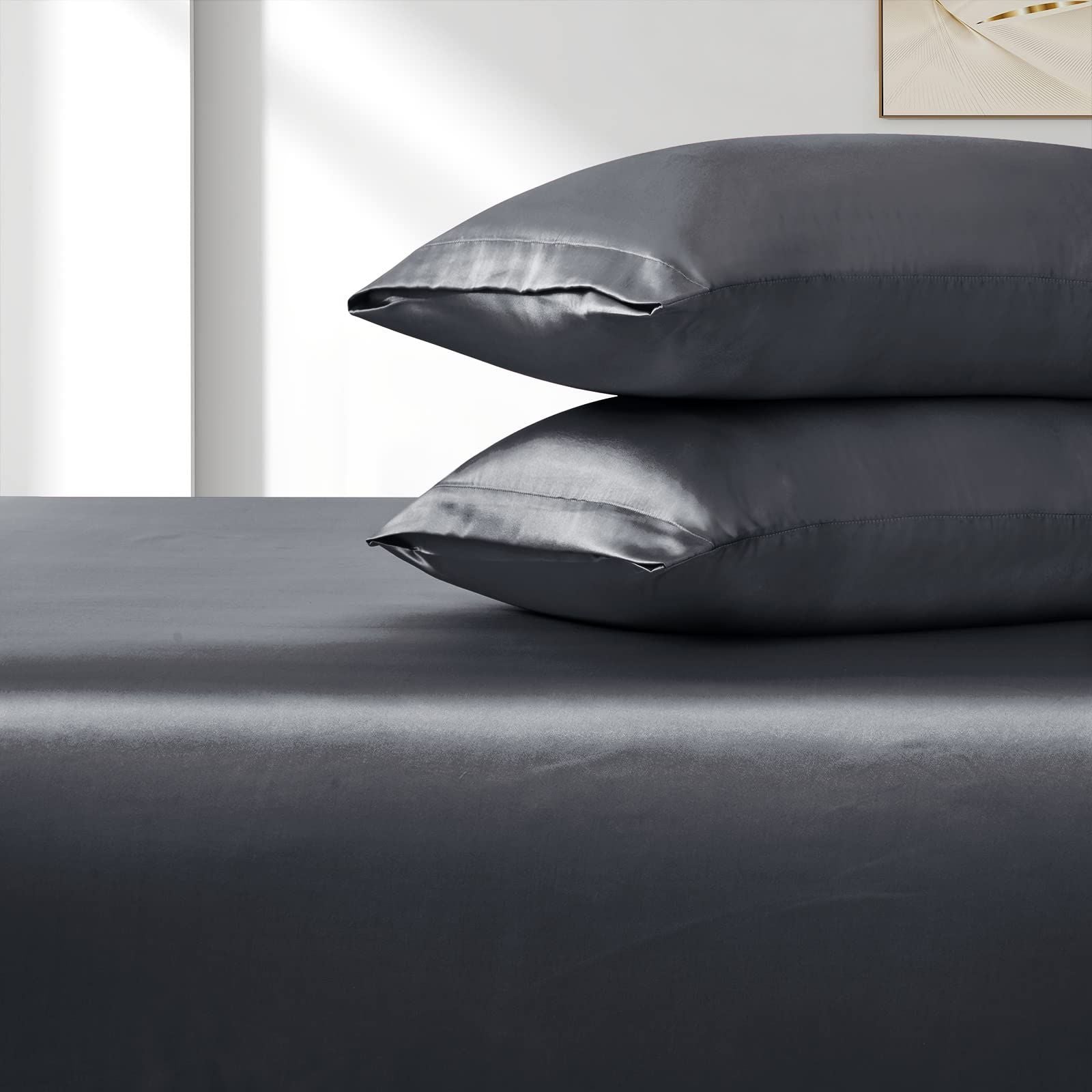 Satin Fitted Sheet Set Hotel 3 Pieces Fitted Sheet with Pillowcase, Art Silk Bedding Set-Luxury Soft Silky Sheets for Hair and Skin, Similar to Silk Fitted Sheets Set 3 Pieces(Double,Grey)