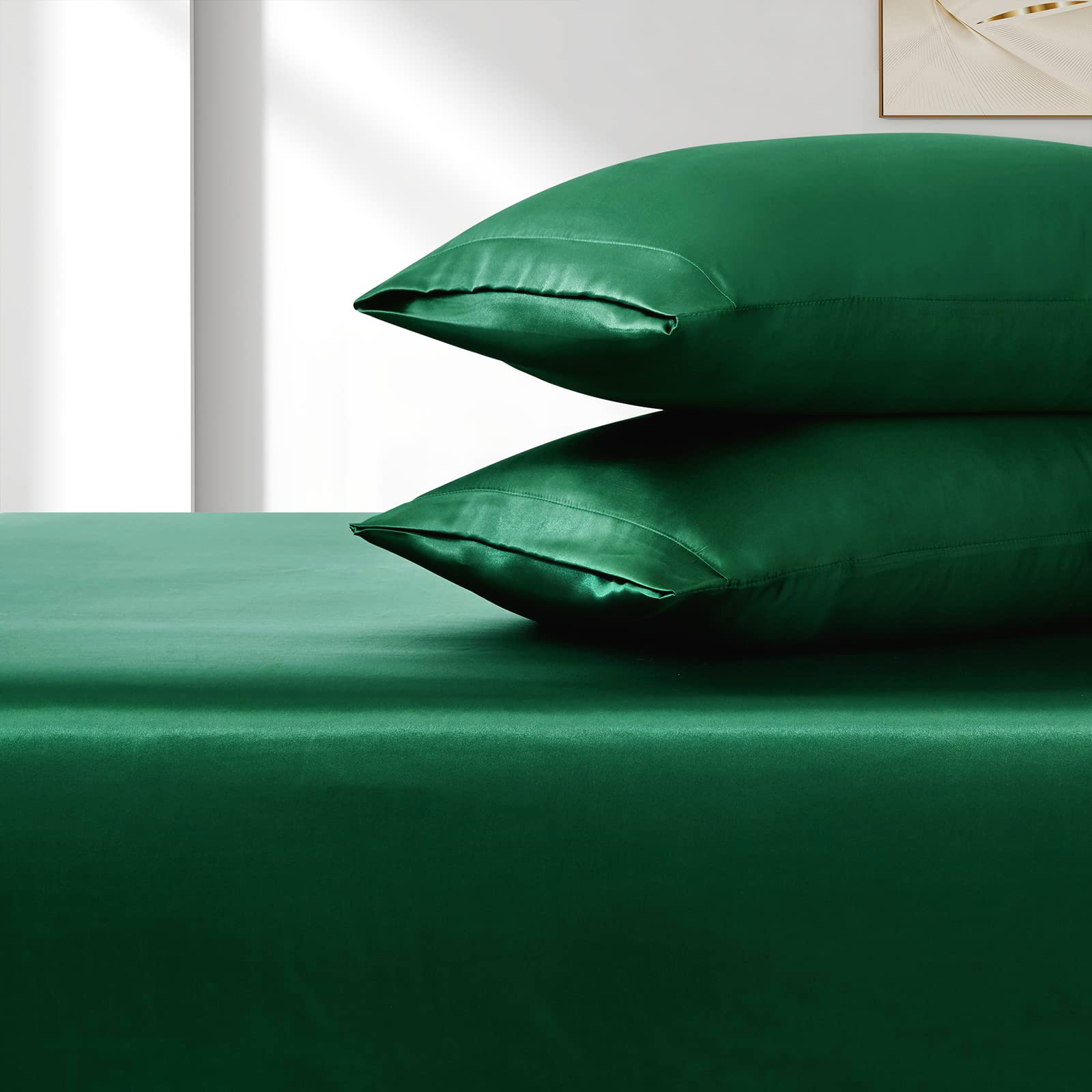 Satin Fitted Sheet Set Hotel 3 Pieces Fitted Sheet with Pillowcase, Art Silk Bedding Set-Luxury Soft Silky Sheets for Hair and Skin, Similar to Silk Fitted Sheets Set 3 Pieces(Double,Green)