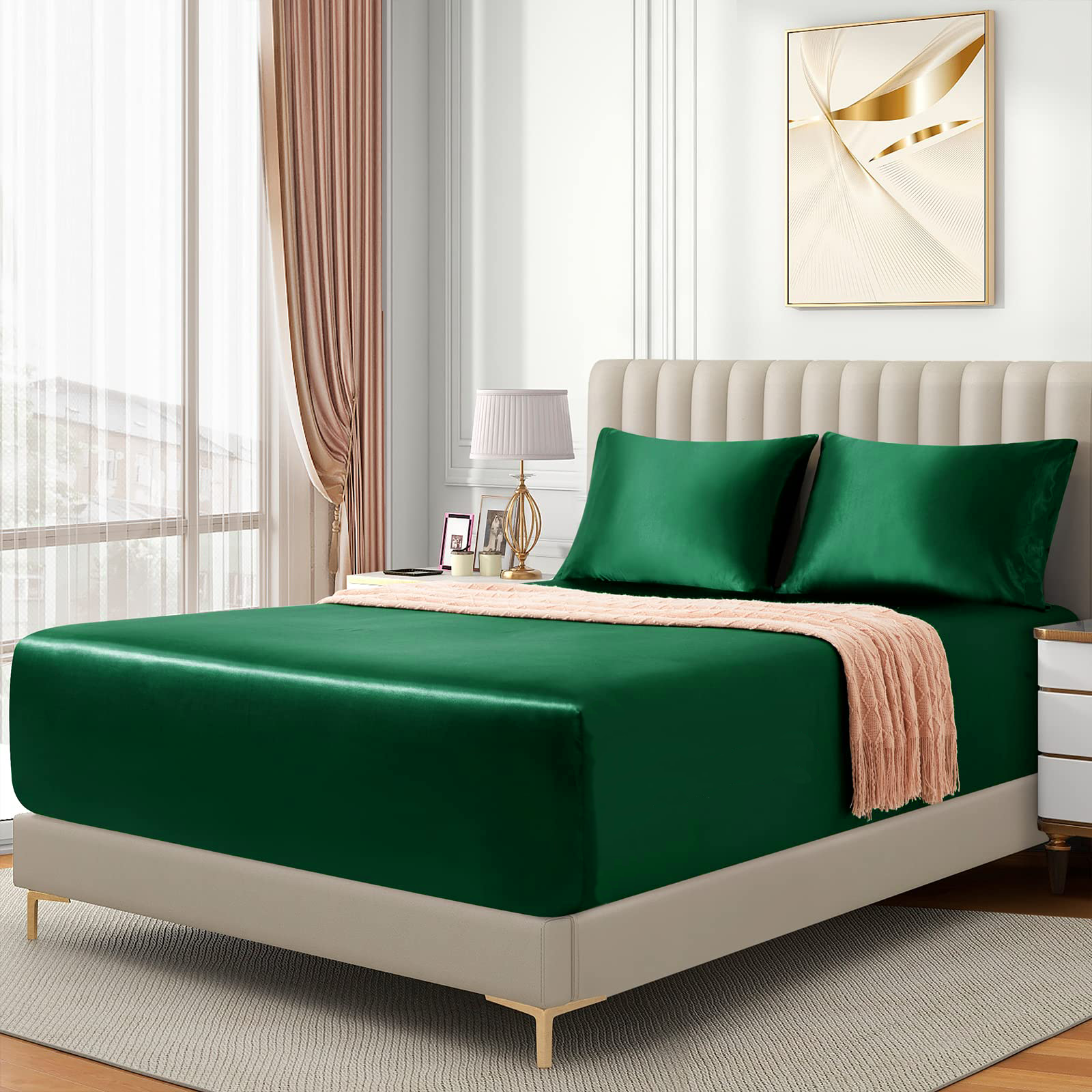 Satin Fitted Sheet Set Hotel 3 Pieces Fitted Sheet with Pillowcase, Art Silk Bedding Set-Luxury Soft Silky Sheets for Hair and Skin, Similar to Silk Fitted Sheets Set 3 Pieces(Double,Green)