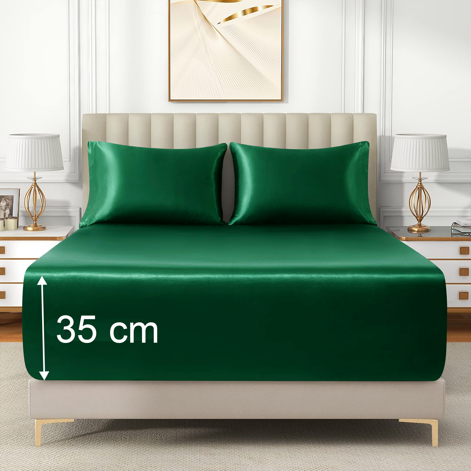Satin Fitted Sheet Set Hotel 3 Pieces Fitted Sheet with Pillowcase, Art Silk Bedding Set-Luxury Soft Silky Sheets for Hair and Skin, Similar to Silk Fitted Sheets Set 3 Pieces(Double,Green)
