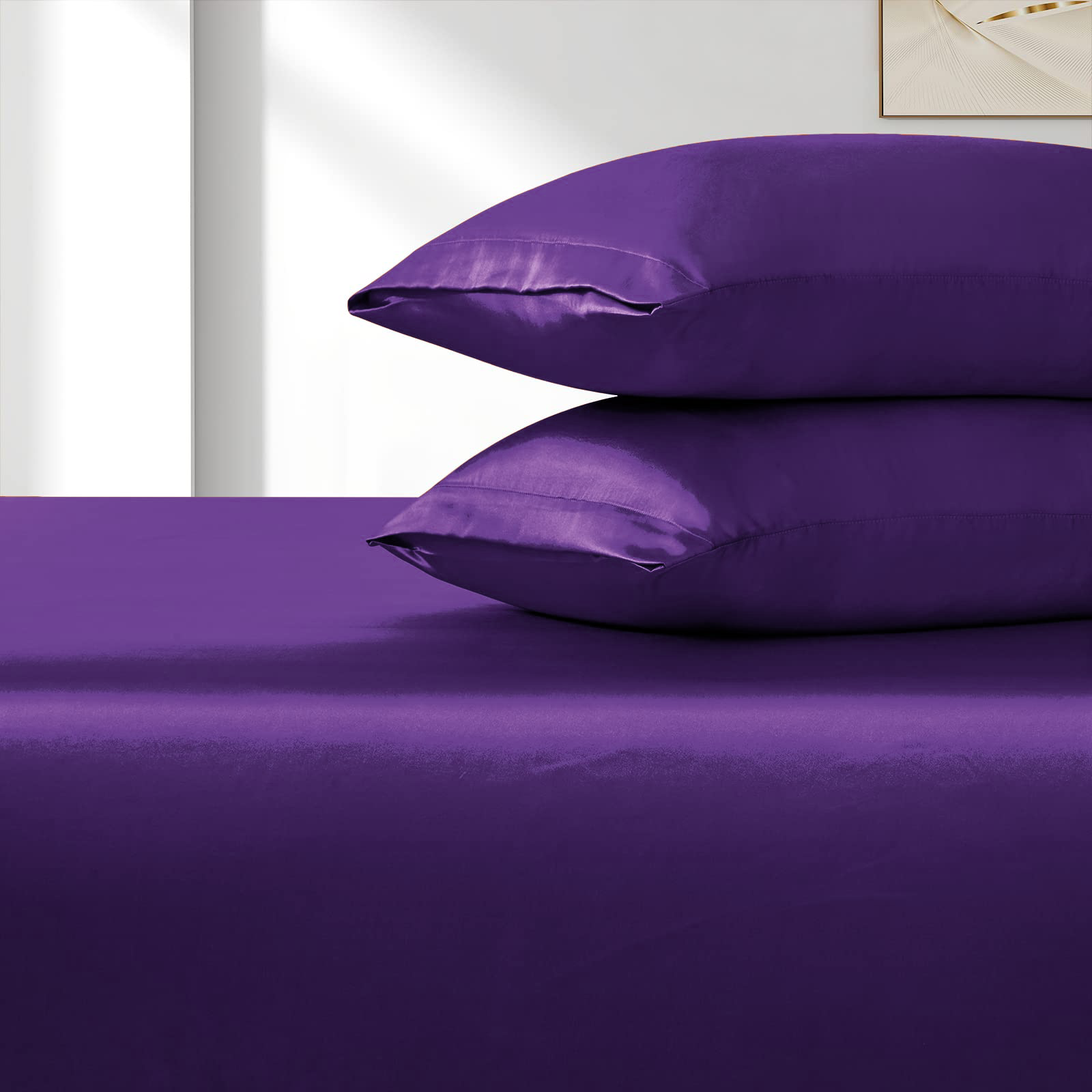 Satin Fitted Sheet Set Hotel 3 Pieces Fitted Sheet with Pillowcase, Art Silk Bedding Set-Luxury Soft Silky Sheets for Hair and Skin, Similar to Silk Fitted Sheets Set 3 Pieces(Double,Purple)