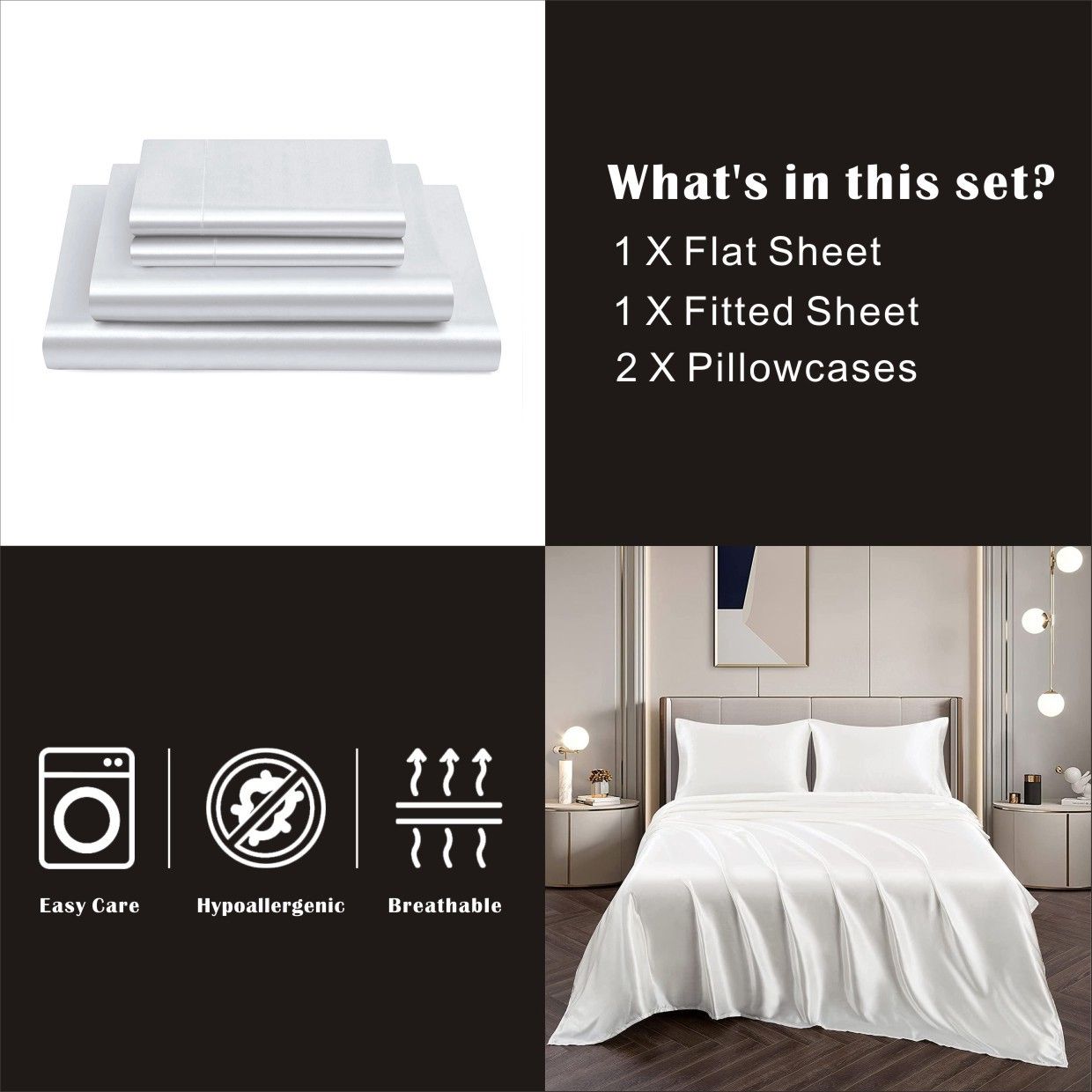 Art Silk Satin Sheet Set Hotel 4 Pieces Fitted/Flat Sheet Bedding Set-Luxury Soft Silky Sheets for Hair and Skin, Similar to Silk Bed Sheets Set 4 Pieces(Double,White)