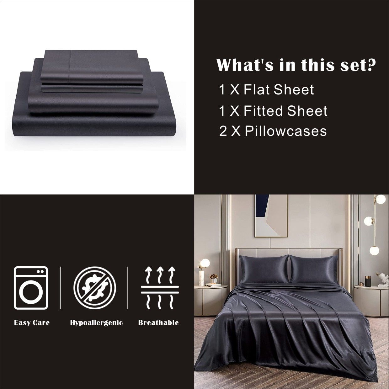 Art Silk Satin Sheet Set Hotel 4 Pieces Fitted/Flat Sheet Bedding Set-Luxury Soft Silky Sheets for Hair and Skin, Similar to Silk Bed Sheets Set 4 Pieces(Double,Black)