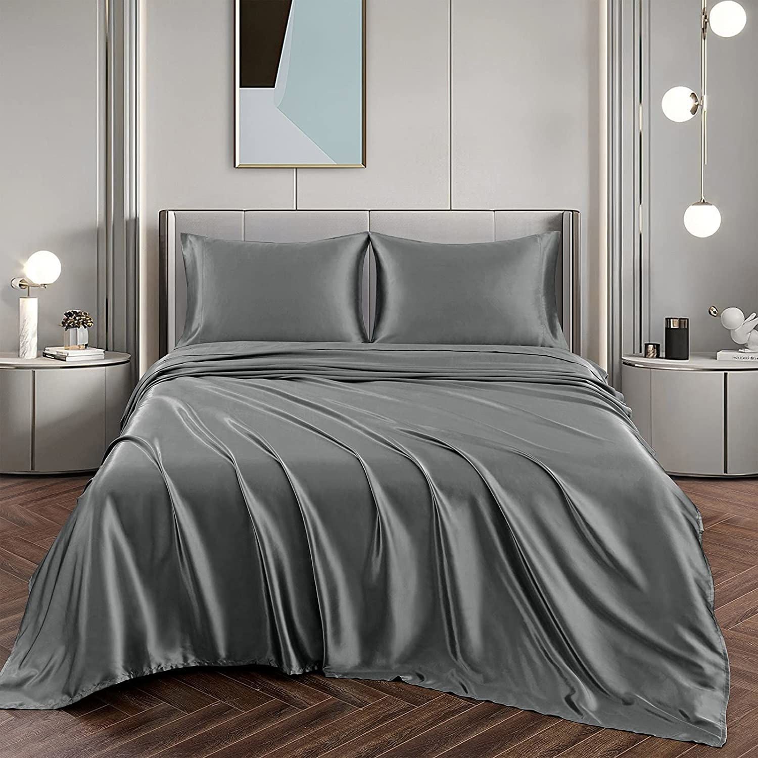 Art Silk Satin Sheet Set Hotel 4 Pieces Fitted/Flat Sheet Bedding Set-Luxury Soft Silky Sheets for Hair and Skin, Similar to Silk Bed Sheets Set 4 Pieces(Double,Grey)