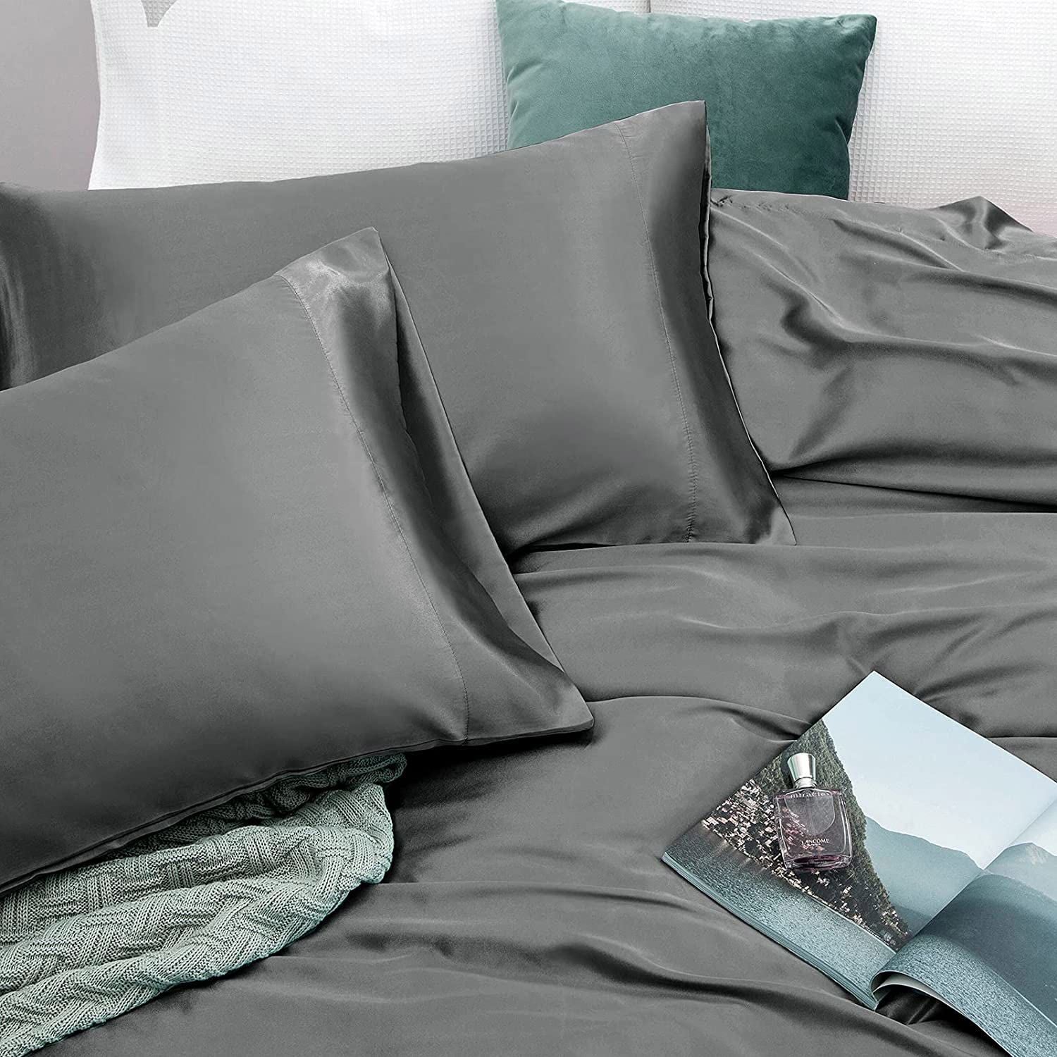 Art Silk Satin Sheet Set Hotel 4 Pieces Fitted/Flat Sheet Bedding Set-Luxury Soft Silky Sheets for Hair and Skin, Similar to Silk Bed Sheets Set 4 Pieces(Double,Grey)