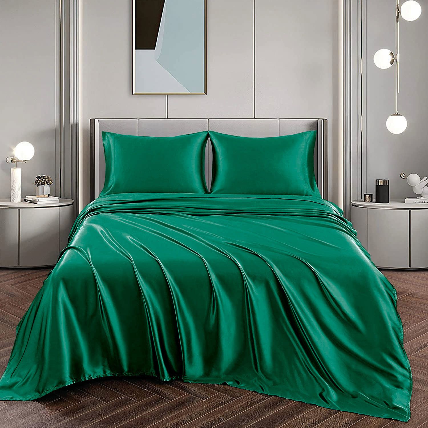 Art Silk Satin Sheet Set Hotel 4 Pieces Fitted/Flat Sheet Bedding Set-Luxury Soft Silky Sheets for Hair and Skin, Similar to Silk Bed Sheets Set 4 Pieces(Double,Green)