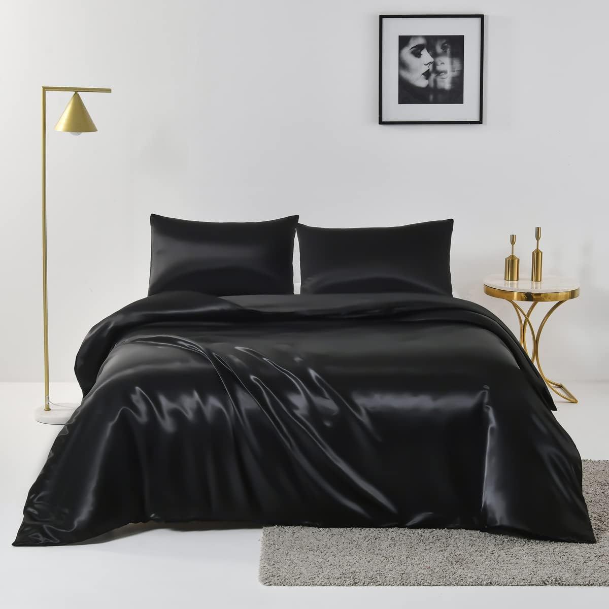 Satin Quilt cover Set Hotel 3 Pieces Quilt cover with Pillowcase, Art Silk Bedding Set-Luxury Soft Silky pillowcase for Hair and Skin, Similar to Silk Duvet/Donna Cover Set- 3 Pieces(King,Black)