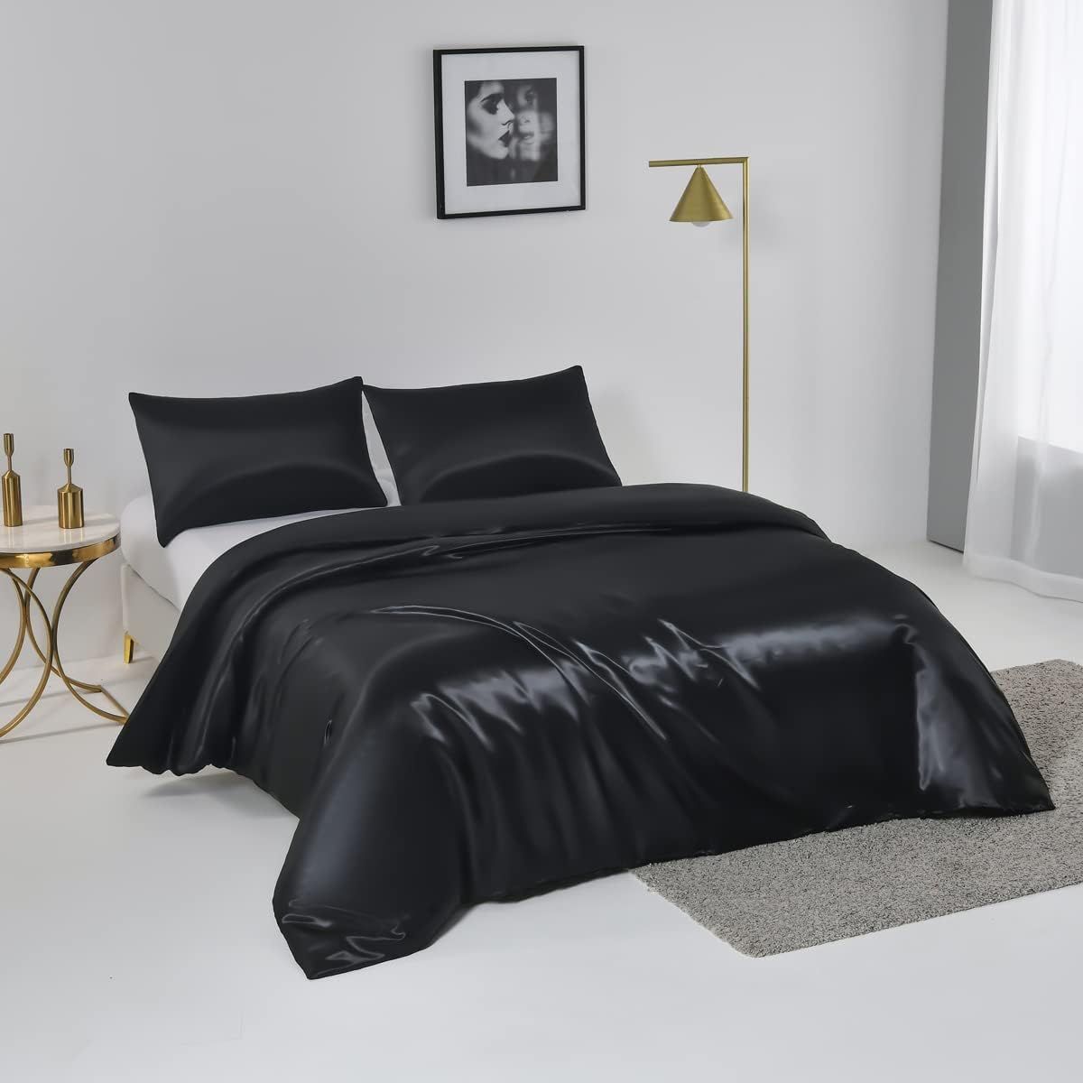 Satin Quilt cover Set Hotel 3 Pieces Quilt cover with Pillowcase, Art Silk Bedding Set-Luxury Soft Silky pillowcase for Hair and Skin, Similar to Silk Duvet/Donna Cover Set- 3 Pieces(King,Black)