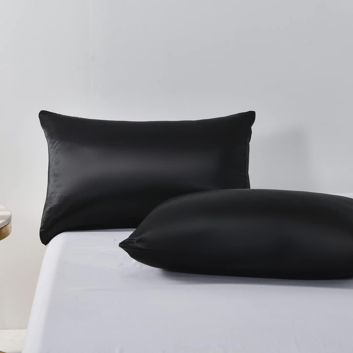Satin Quilt cover Set Hotel 3 Pieces Quilt cover with Pillowcase, Art Silk Bedding Set-Luxury Soft Silky pillowcase for Hair and Skin, Similar to Silk Duvet/Donna Cover Set- 3 Pieces(King,Black)