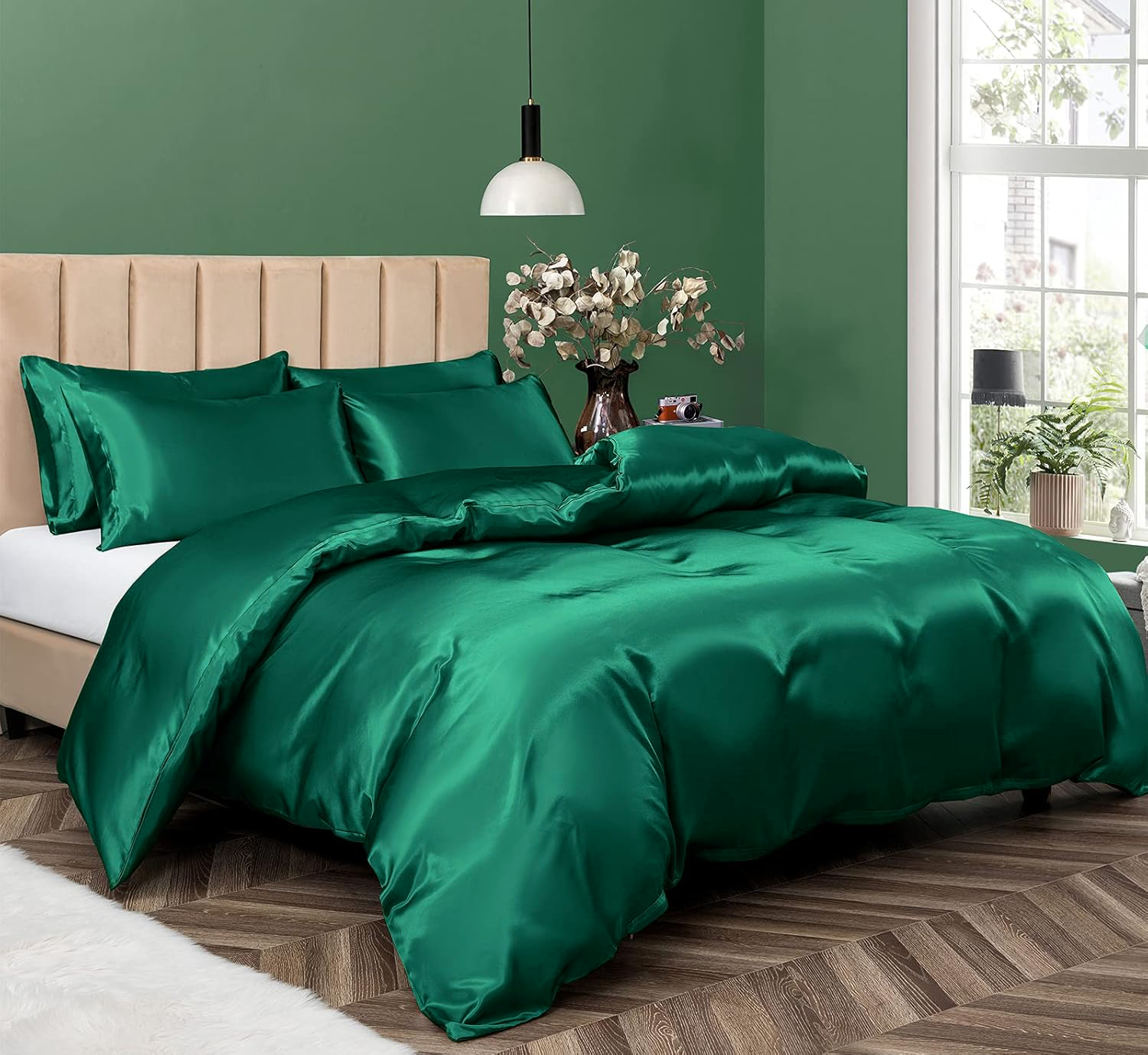Satin Quilt cover Set Hotel 3 Pieces Quilt cover with Pillowcase, Art Silk Bedding Set-Luxury Soft Silky pillowcase for Hair and Skin, Similar to Silk Duvet/Donna Cover Set- 3 Pieces(King,Green)