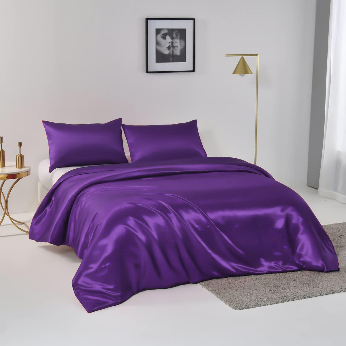 Satin Quilt cover Set Hotel 3 Pieces Quilt cover with Pillowcase, Art Silk Bedding Set-Luxury Soft Silky pillowcase for Hair and Skin, Similar to Silk Duvet/Donna Cover Set- 3 Pieces(King,Purple)