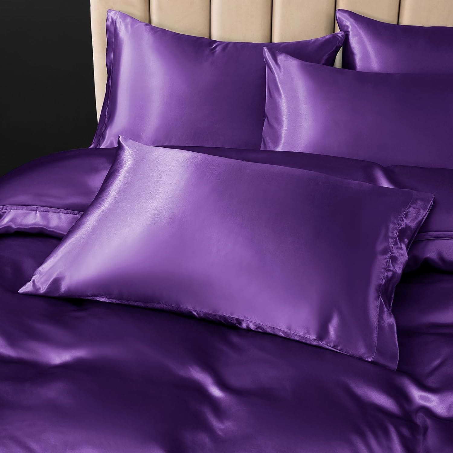 Satin Quilt cover Set Hotel 3 Pieces Quilt cover with Pillowcase, Art Silk Bedding Set-Luxury Soft Silky pillowcase for Hair and Skin, Similar to Silk Duvet/Donna Cover Set- 3 Pieces(King,Purple)