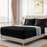 Satin Fitted Sheet Set Hotel 3 Pieces Fitted Sheet with Pillowcase, Art Silk Bedding Set-Luxury Soft Silky Sheets for Hair and Skin, Similar to Silk Fitted Sheets Set 3 Pieces(King,Black)