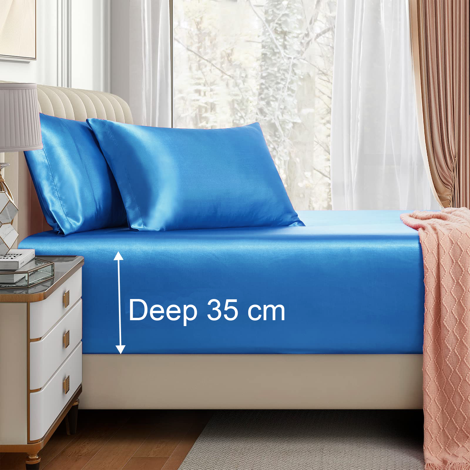 Satin Fitted Sheet Set Hotel 3 Pieces Fitted Sheet with Pillowcase, Art Silk Bedding Set-Luxury Soft Silky Sheets for Hair and Skin, Similar to Silk Fitted Sheets Set 3 Pieces(King,Ocean)