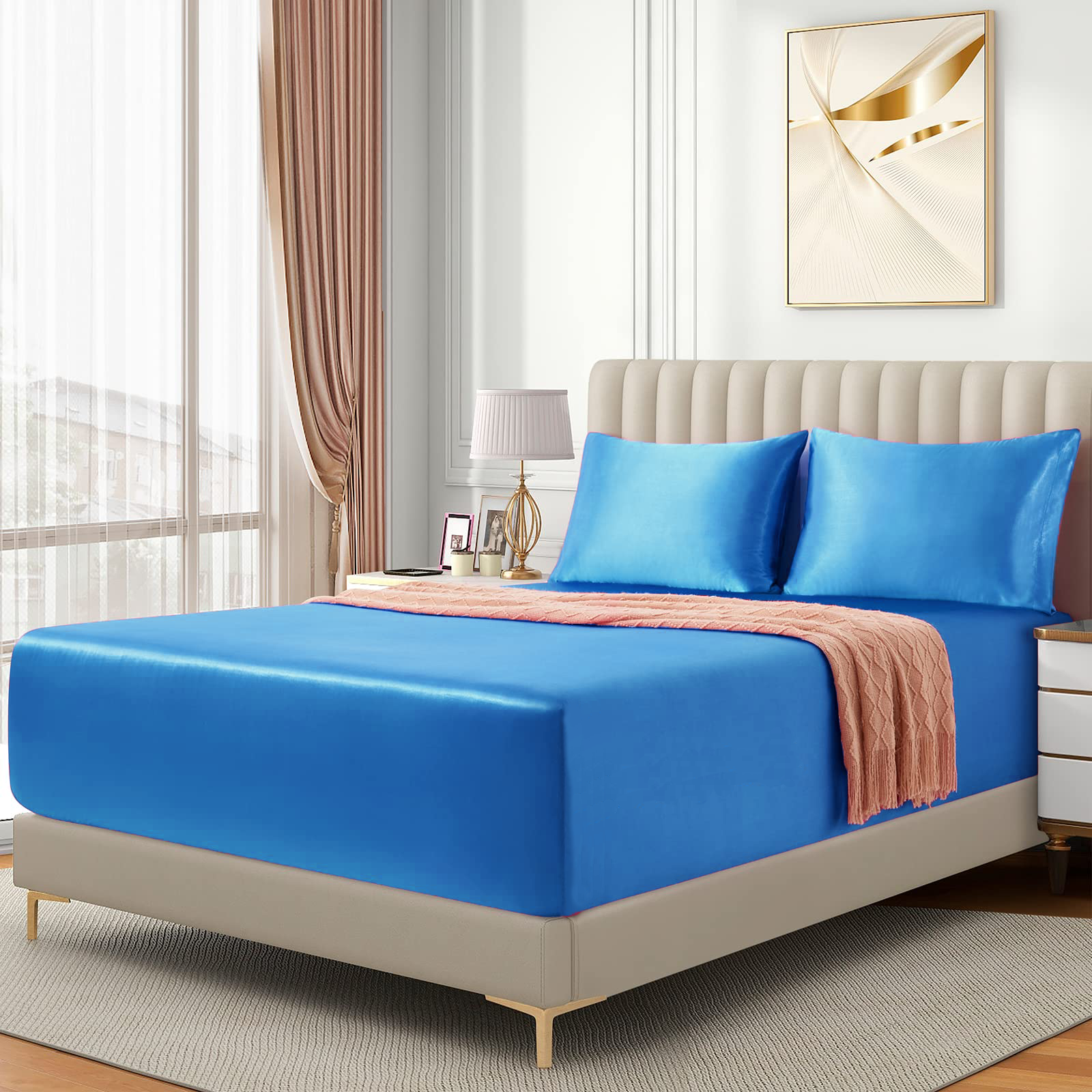 Satin Fitted Sheet Set Hotel 3 Pieces Fitted Sheet with Pillowcase, Art Silk Bedding Set-Luxury Soft Silky Sheets for Hair and Skin, Similar to Silk Fitted Sheets Set 3 Pieces(King,Ocean)