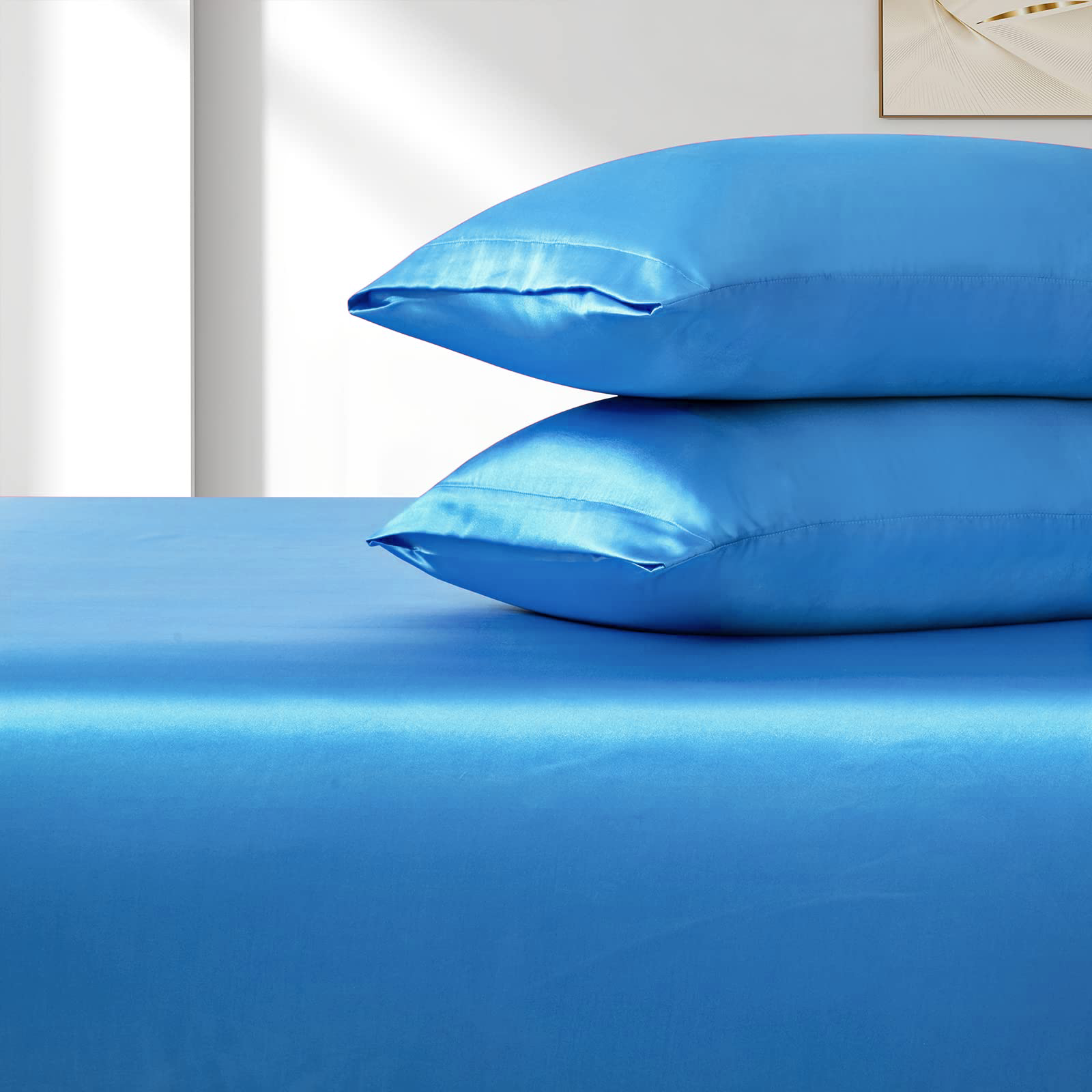 Satin Fitted Sheet Set Hotel 3 Pieces Fitted Sheet with Pillowcase, Art Silk Bedding Set-Luxury Soft Silky Sheets for Hair and Skin, Similar to Silk Fitted Sheets Set 3 Pieces(King,Ocean)