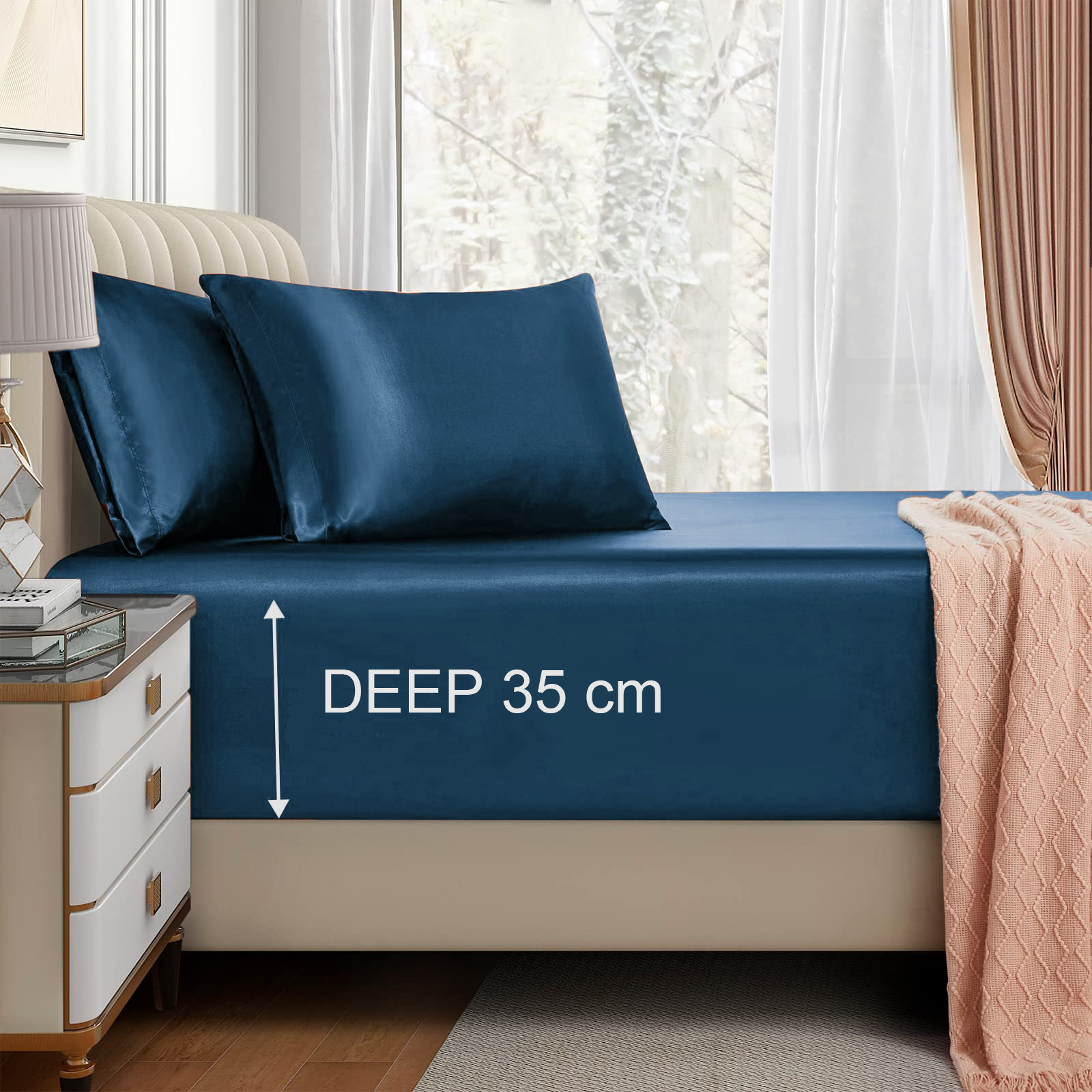 Satin Fitted Sheet Set Hotel 3 Pieces Fitted Sheet with Pillowcase, Art Silk Bedding Set-Luxury Soft Silky Sheets for Hair and Skin, Similar to Silk Fitted Sheets Set 3 Pieces(King,Navy)
