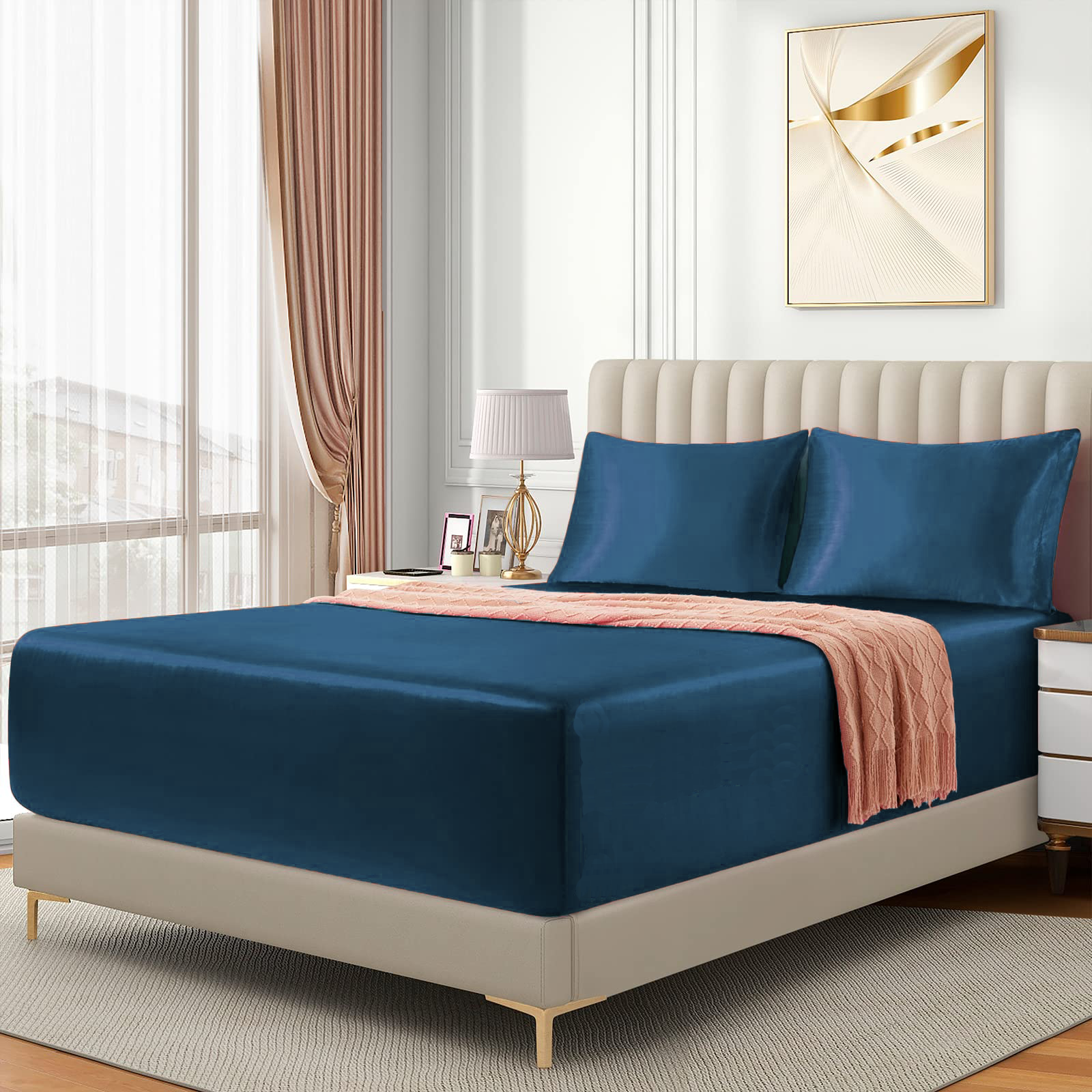 Satin Fitted Sheet Set Hotel 3 Pieces Fitted Sheet with Pillowcase, Art Silk Bedding Set-Luxury Soft Silky Sheets for Hair and Skin, Similar to Silk Fitted Sheets Set 3 Pieces(King,Navy)