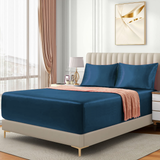 Satin Fitted Sheet Set Hotel 3 Pieces Fitted Sheet with Pillowcase, Art Silk Bedding Set-Luxury Soft Silky Sheets for Hair and Skin, Similar to Silk Fitted Sheets Set 3 Pieces(King,Navy)
