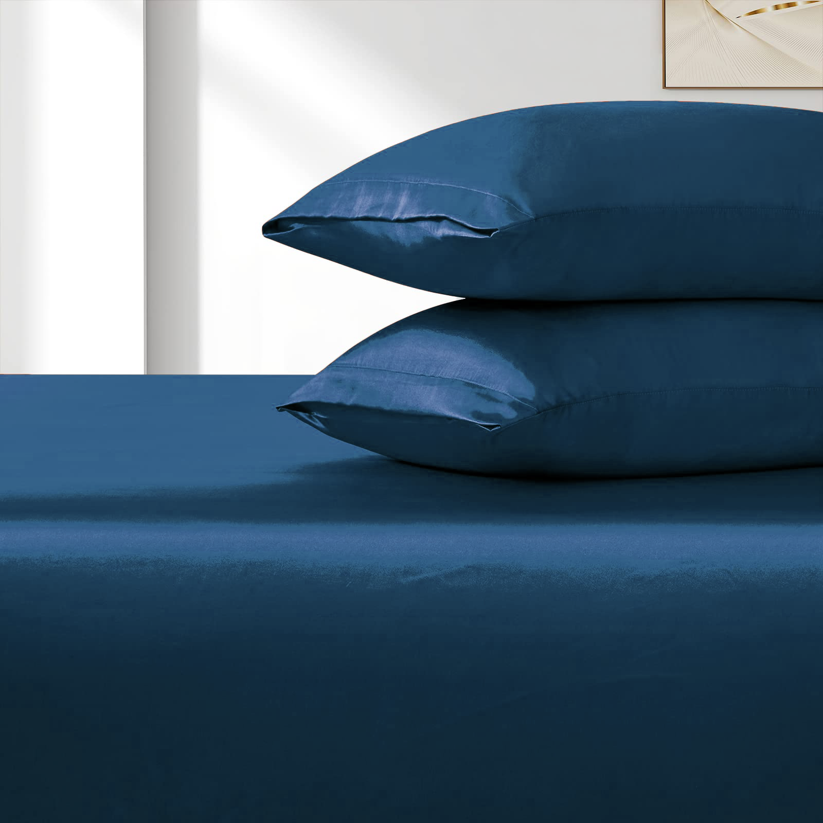 Satin Fitted Sheet Set Hotel 3 Pieces Fitted Sheet with Pillowcase, Art Silk Bedding Set-Luxury Soft Silky Sheets for Hair and Skin, Similar to Silk Fitted Sheets Set 3 Pieces(King,Navy)