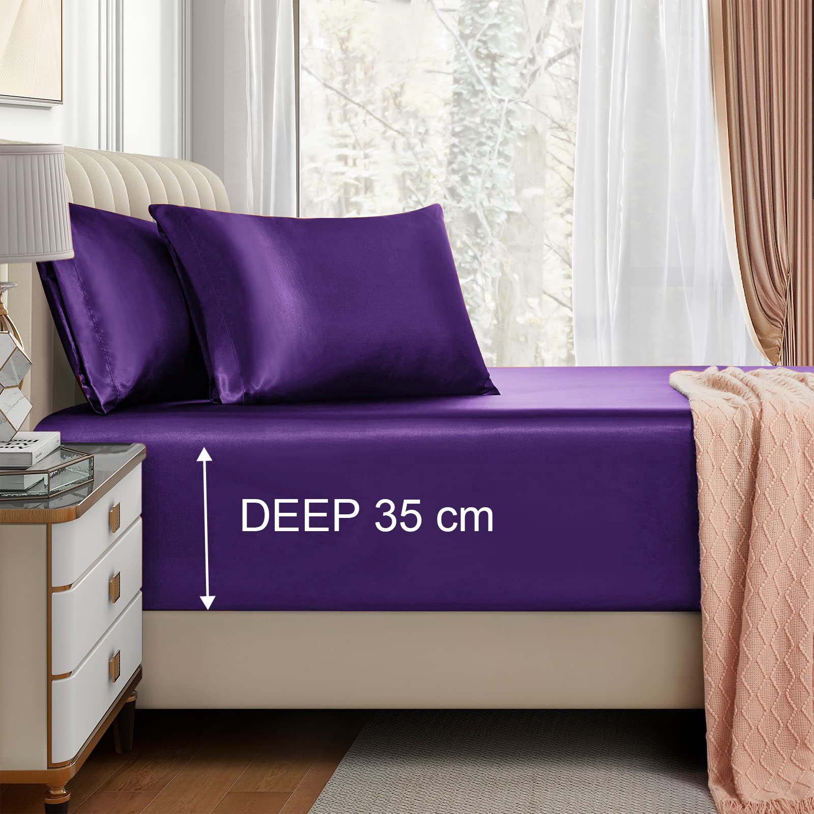 Satin Fitted Sheet Set Hotel 3 Pieces Fitted Sheet with Pillowcase, Art Silk Bedding Set-Luxury Soft Silky Sheets for Hair and Skin, Similar to Silk Fitted Sheets Set 3 Pieces(King,Purple)