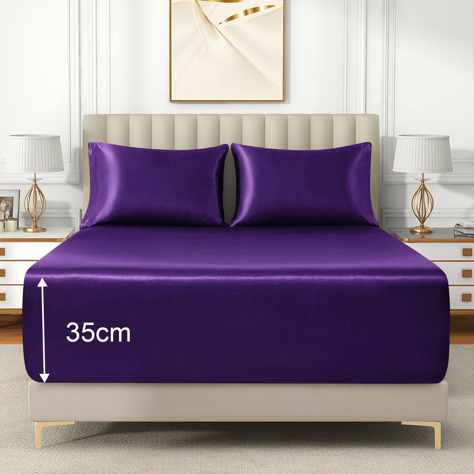 Satin Fitted Sheet Set Hotel 3 Pieces Fitted Sheet with Pillowcase, Art Silk Bedding Set-Luxury Soft Silky Sheets for Hair and Skin, Similar to Silk Fitted Sheets Set 3 Pieces(King,Purple)