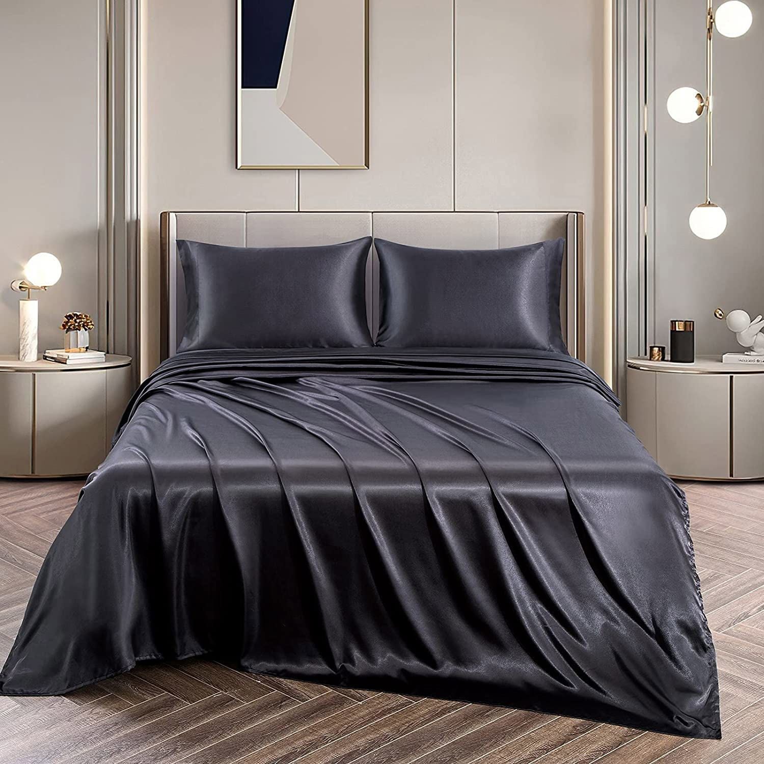 Art Silk Satin Sheet Set Hotel 4 Pieces Fitted/Flat Sheet Bedding Set-Luxury Soft Silky Sheets for Hair and Skin, Similar to Silk Bed Sheets Set 4 Pieces(King,Black)