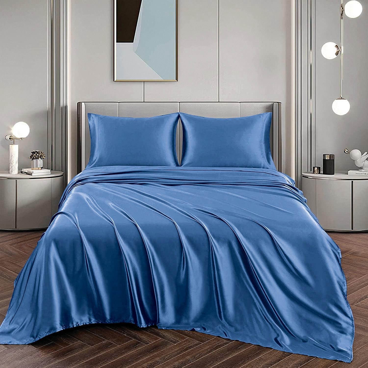 Art Silk Satin Sheet Set Hotel 4 Pieces Fitted/Flat Sheet Bedding Set-Luxury Soft Silky Sheets for Hair and Skin, Similar to Silk Bed Sheets Set 4 Pieces(King,Ocean)
