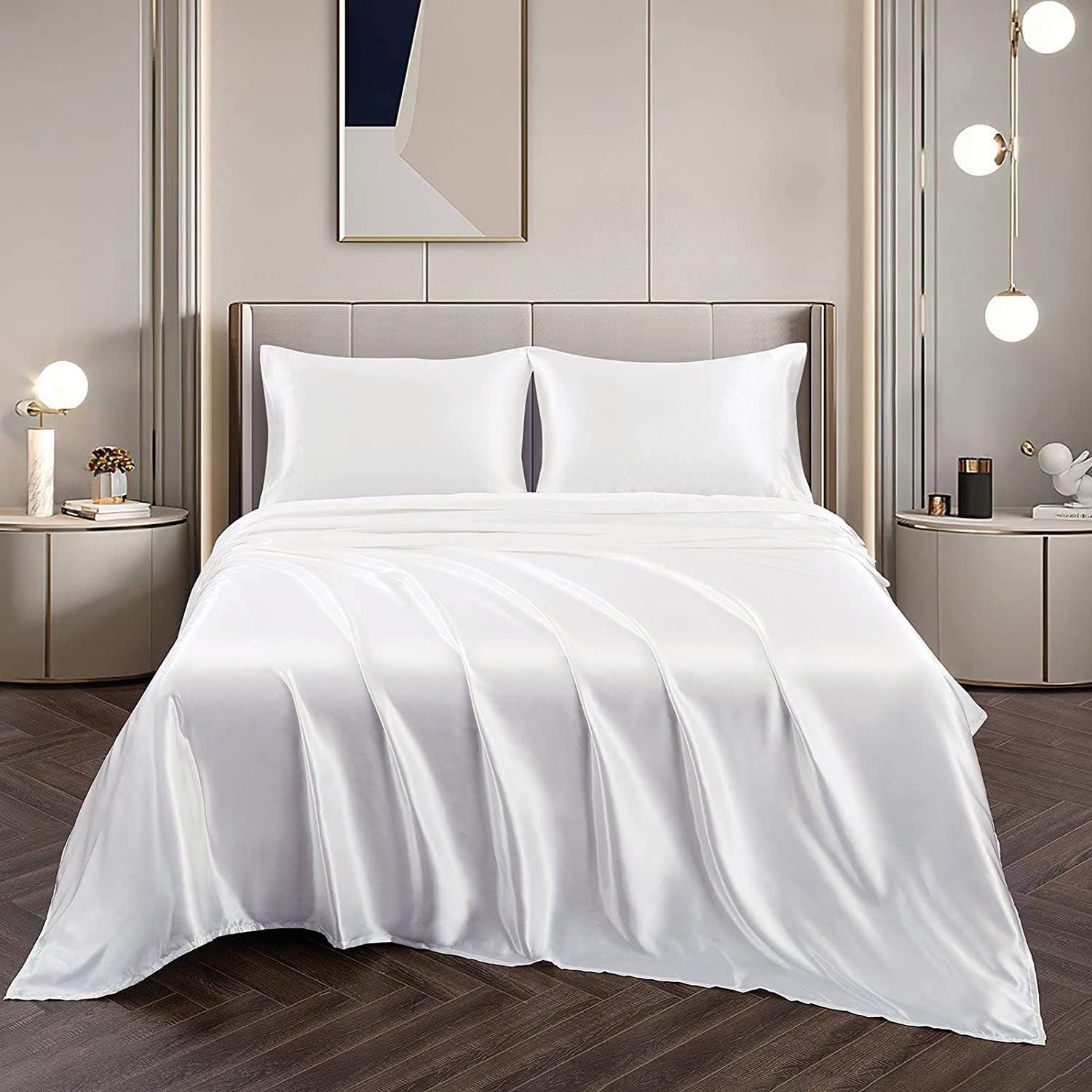 Art Silk Satin Sheet Set Hotel 3 Pieces Fitted/Flat Sheet Bedding Set-Luxury Soft Silky Sheets for Hair and Skin, Similar to Silk Bed Sheets Set 3 Pieces(King Single,White)