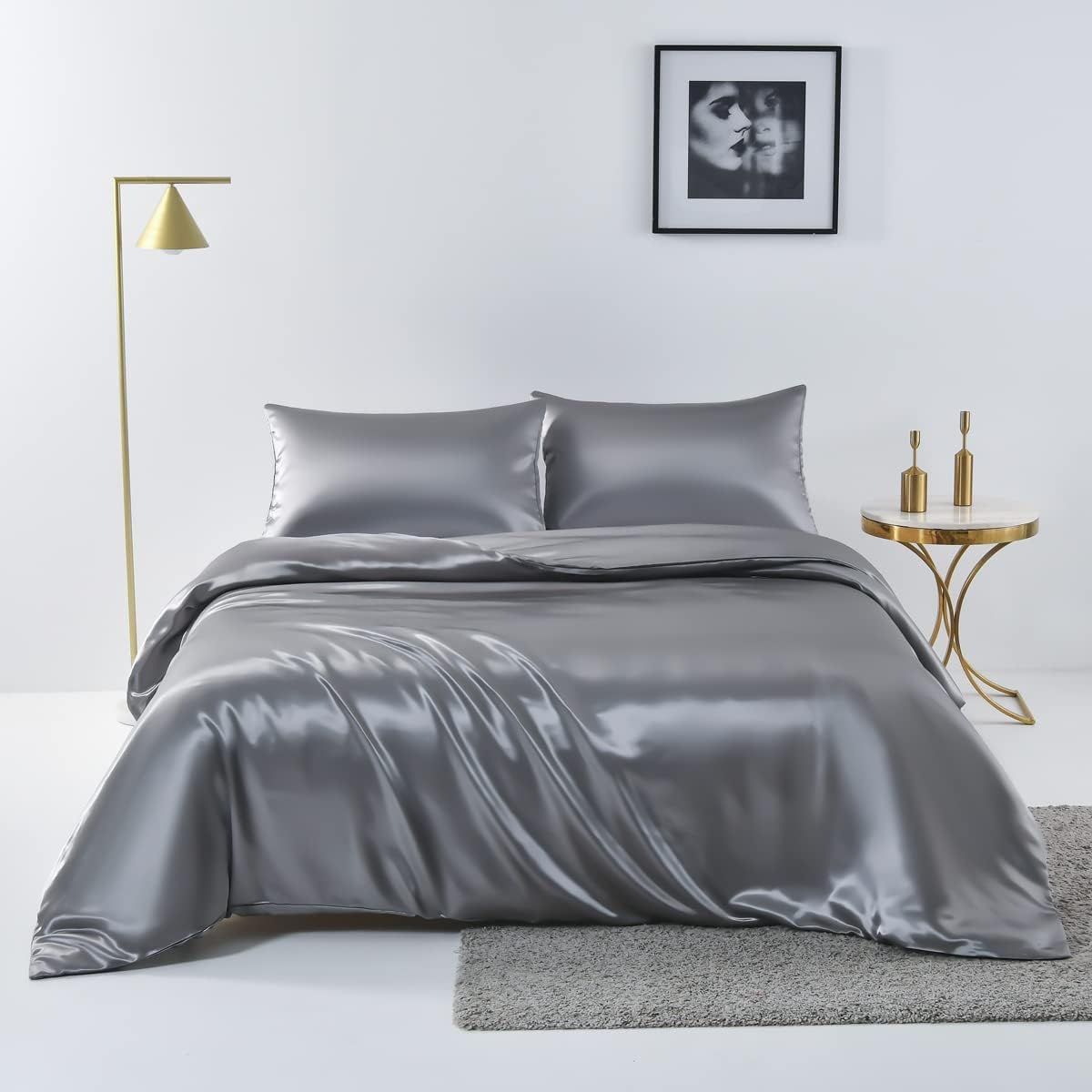 Satin Quilt cover Set Hotel 3 Pieces Quilt cover with Pillowcase, Art Silk Bedding Set-Luxury Soft Silky pillowcase for Hair and Skin, Similar to Silk Duvet/Donna Cover Set- 3 Pieces(Queen,Grey)