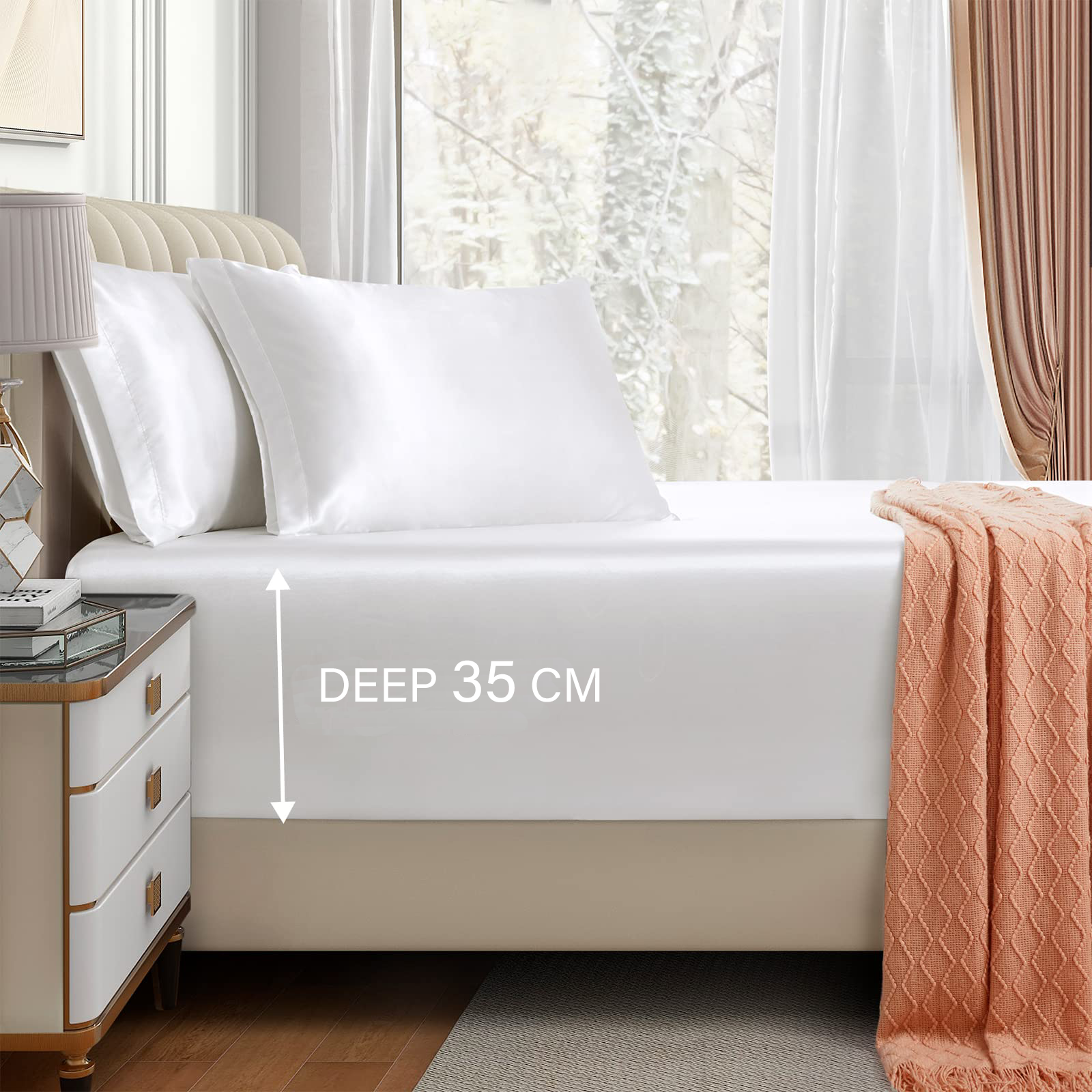Satin Fitted Sheet Set Hotel 3 Pieces Fitted Sheet with Pillowcase, Art Silk Bedding Set-Luxury Soft Silky Sheets for Hair and Skin, Similar to Silk Fitted Sheets Set 3 Pieces(Queen,White)
