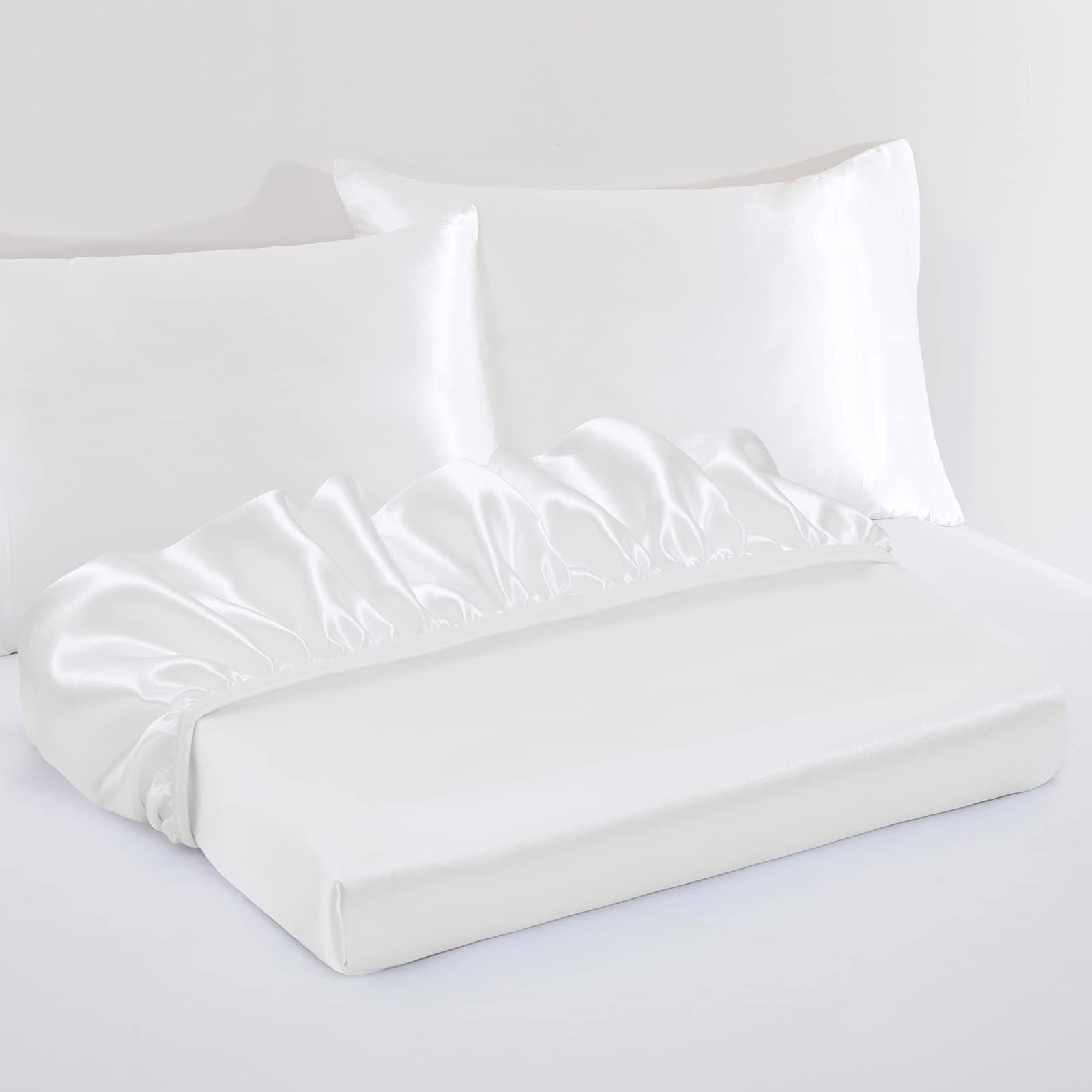 Satin Fitted Sheet Set Hotel 3 Pieces Fitted Sheet with Pillowcase, Art Silk Bedding Set-Luxury Soft Silky Sheets for Hair and Skin, Similar to Silk Fitted Sheets Set 3 Pieces(Queen,White)