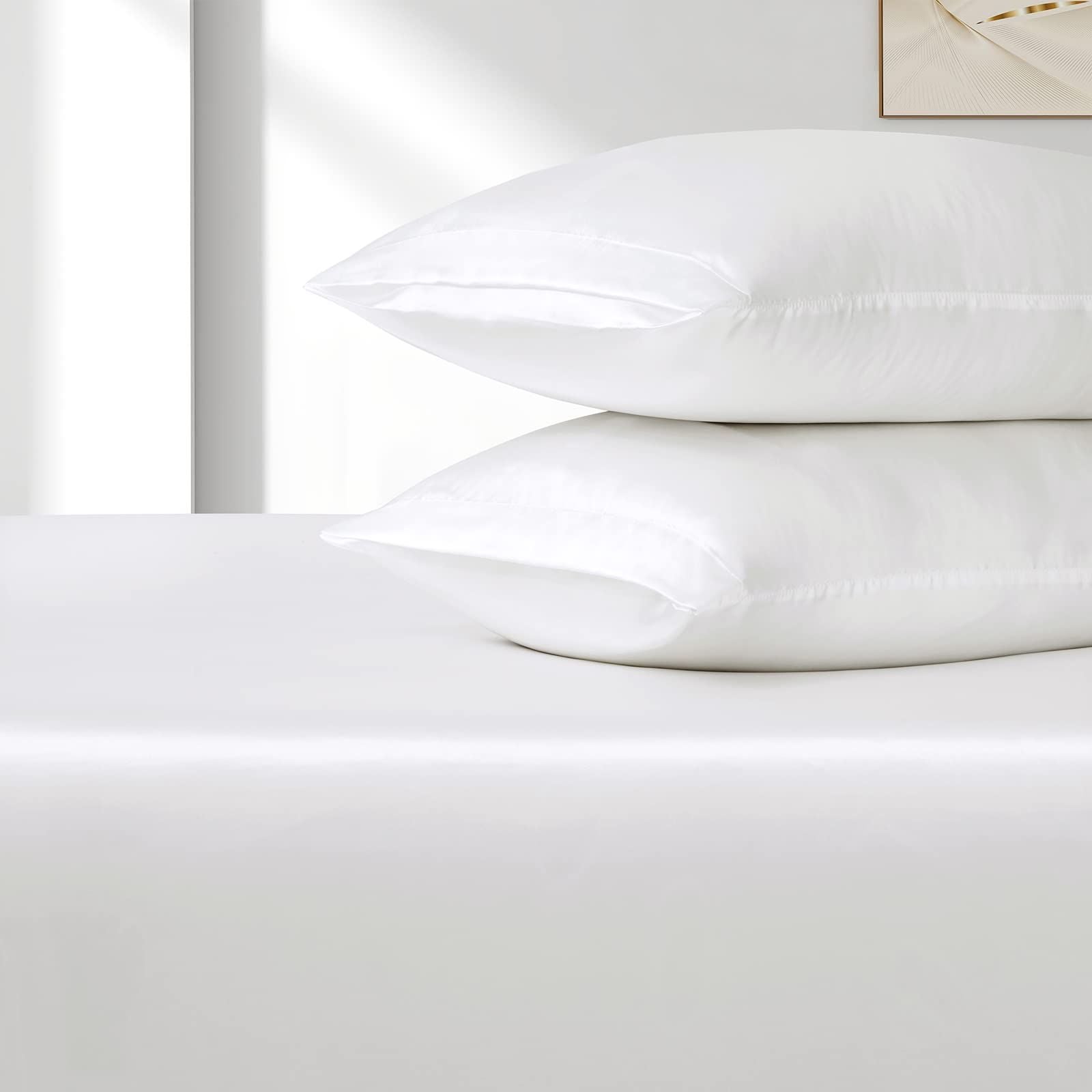 Satin Fitted Sheet Set Hotel 3 Pieces Fitted Sheet with Pillowcase, Art Silk Bedding Set-Luxury Soft Silky Sheets for Hair and Skin, Similar to Silk Fitted Sheets Set 3 Pieces(Queen,White)