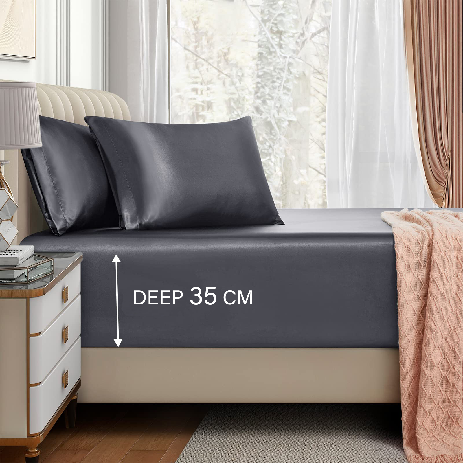 Satin Fitted Sheet Set Hotel 3 Pieces Fitted Sheet with Pillowcase, Art Silk Bedding Set-Luxury Soft Silky Sheets for Hair and Skin, Similar to Silk Fitted Sheets Set 3 Pieces(Queen,Grey)