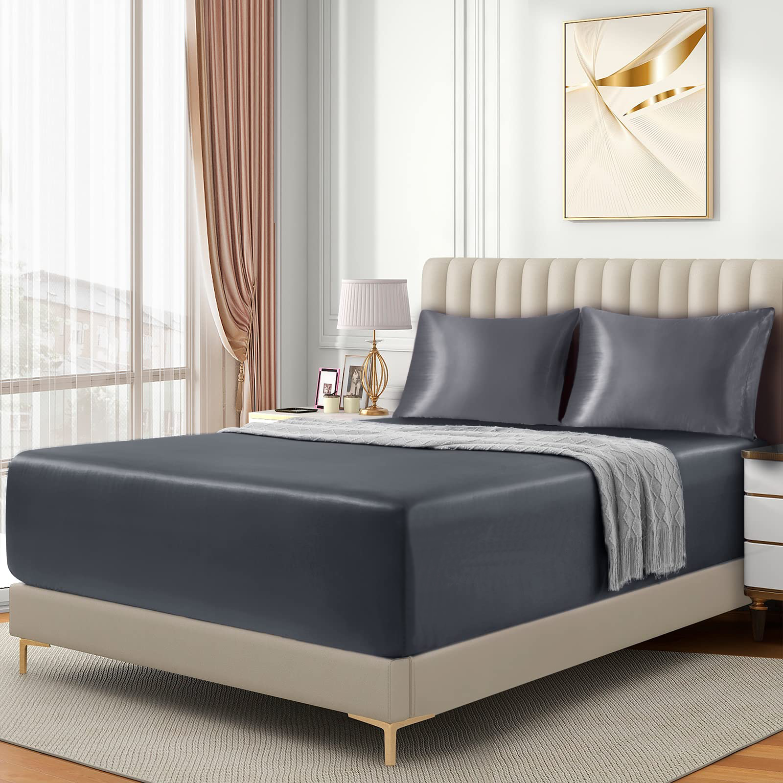 Satin Fitted Sheet Set Hotel 3 Pieces Fitted Sheet with Pillowcase, Art Silk Bedding Set-Luxury Soft Silky Sheets for Hair and Skin, Similar to Silk Fitted Sheets Set 3 Pieces(Queen,Grey)