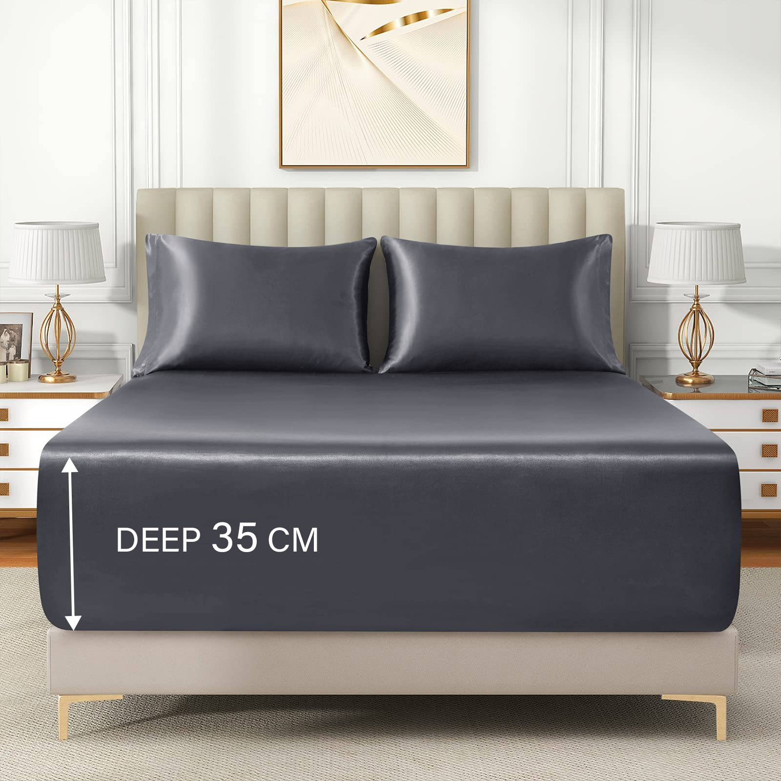 Satin Fitted Sheet Set Hotel 3 Pieces Fitted Sheet with Pillowcase, Art Silk Bedding Set-Luxury Soft Silky Sheets for Hair and Skin, Similar to Silk Fitted Sheets Set 3 Pieces(Queen,Grey)
